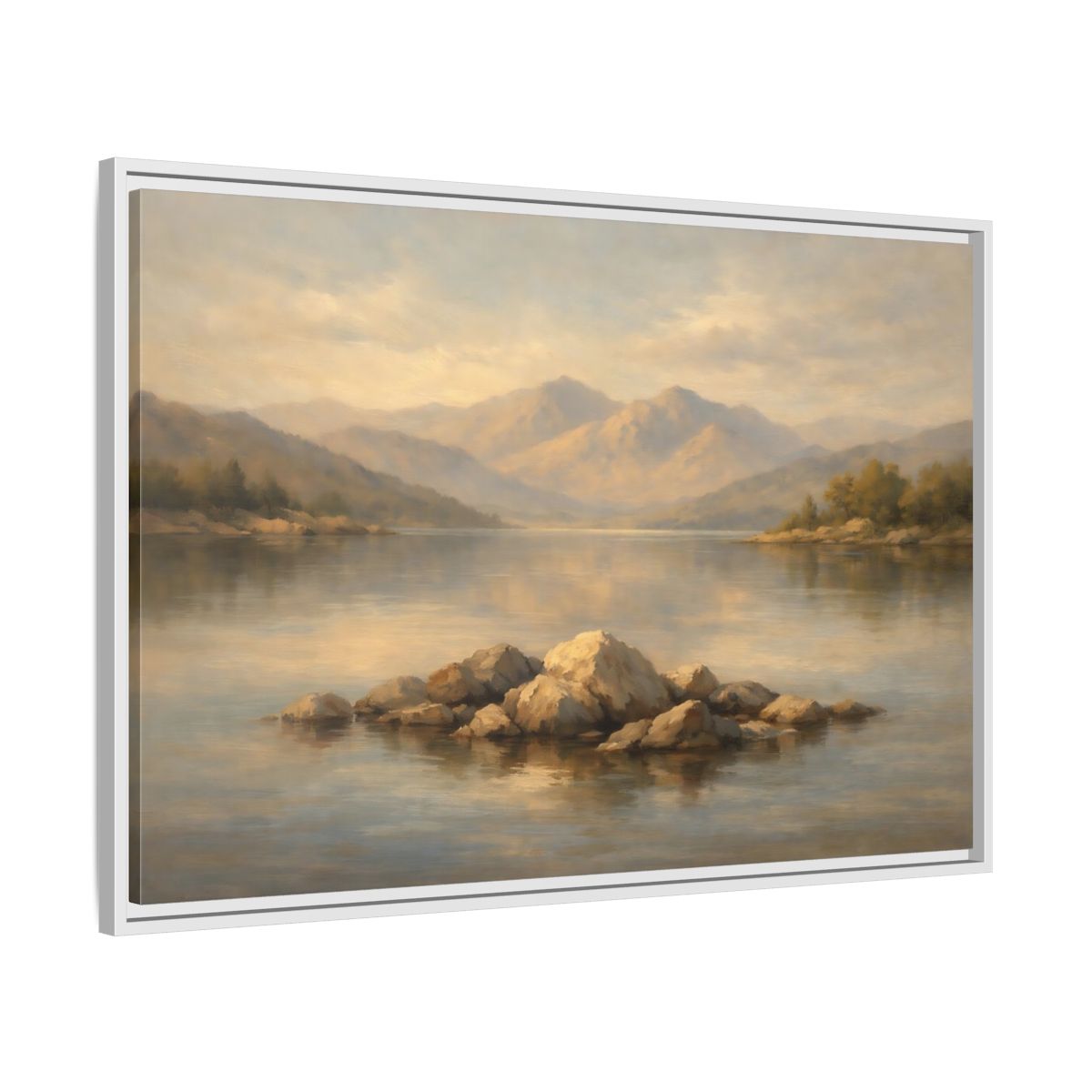 Side Mockup 8. Nature Lake Rocks Muted Landscape shown as stretched canvas wall art
