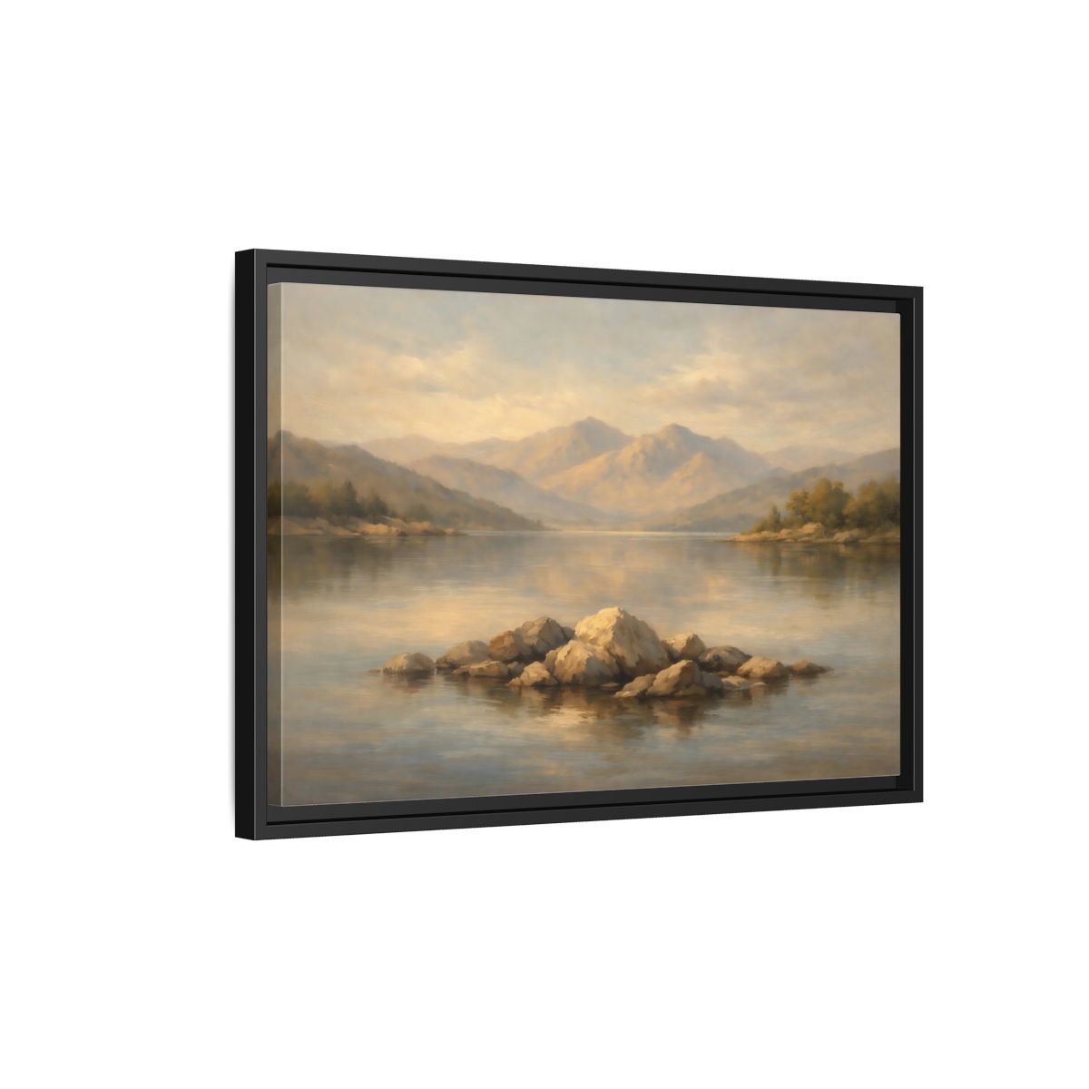 Side Mockup 3. Nature Lake Rocks Muted Landscape shown as stretched canvas wall art