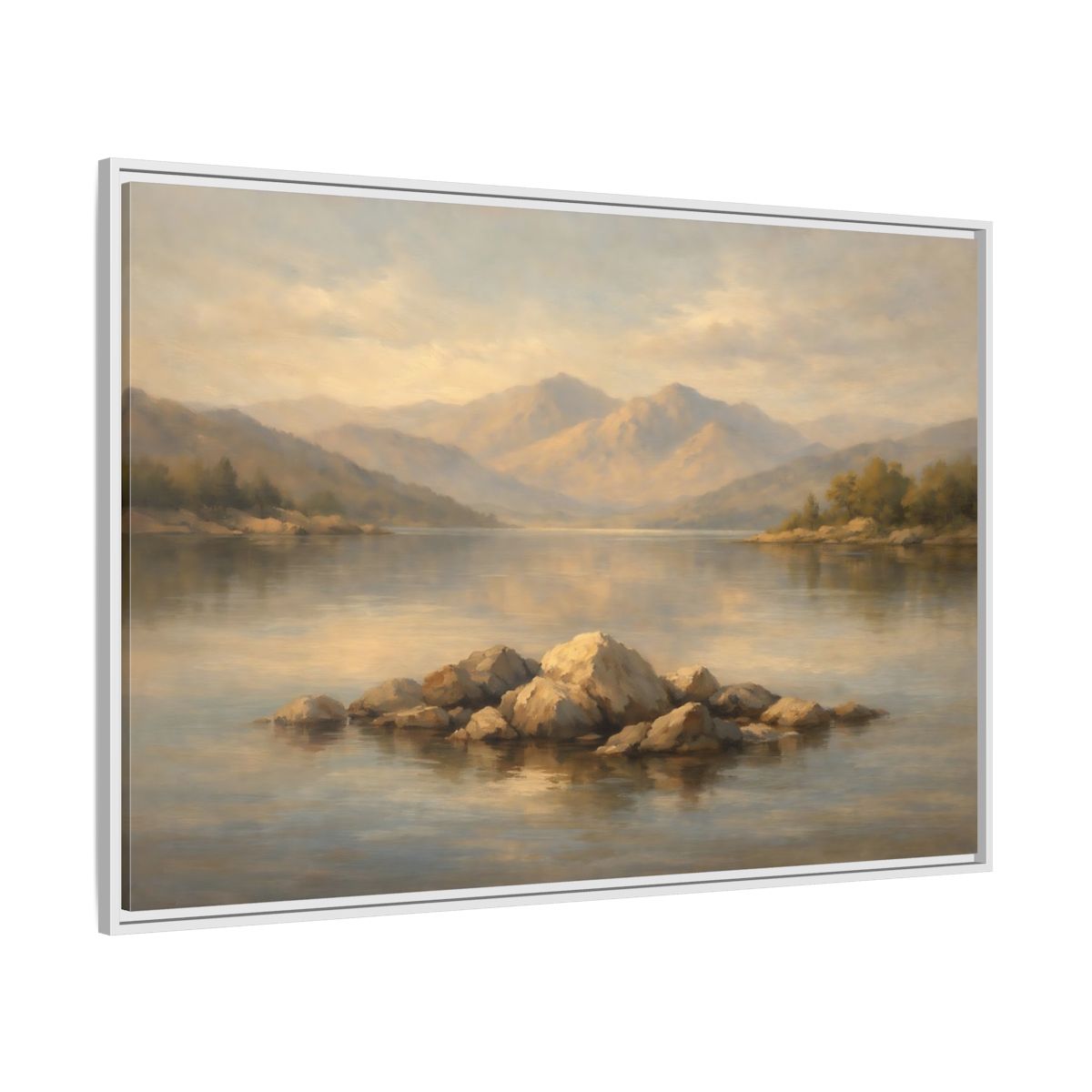 Side Mockup 7. Nature Lake Rocks Muted Landscape shown as stretched canvas wall art