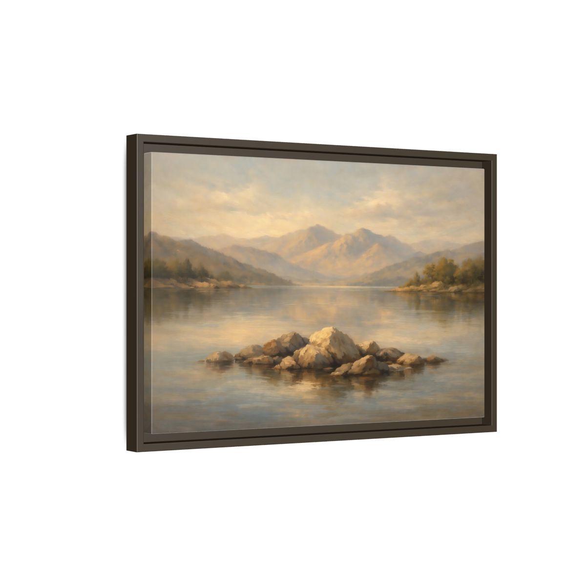 Side Mockup 2. Nature Lake Rocks Muted Landscape shown as stretched canvas wall art