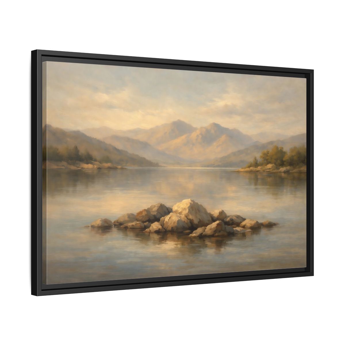 Side Mockup 14. Nature Lake Rocks Muted Landscape shown as stretched canvas wall art