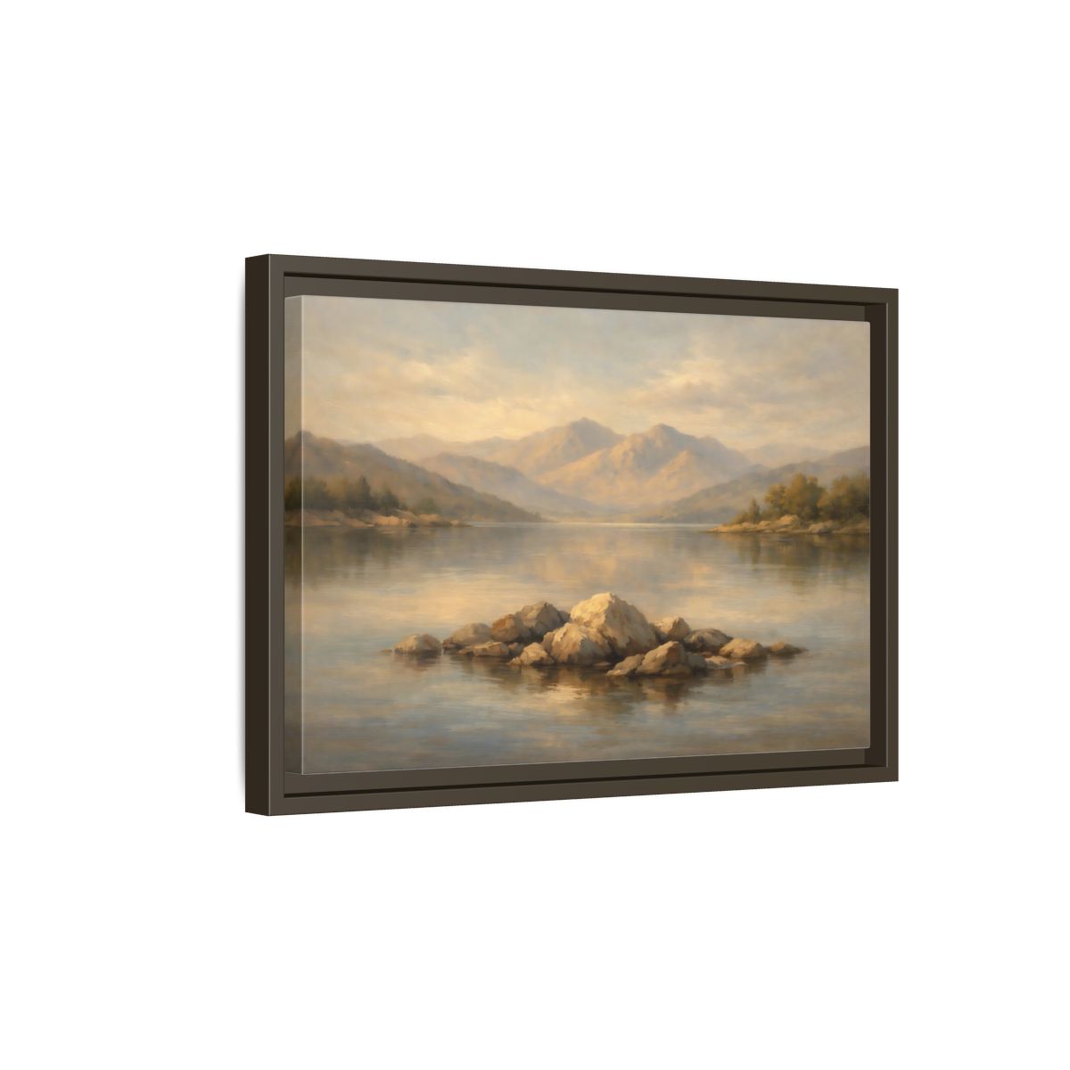 Side Mockup 5. Nature Lake Rocks Muted Landscape shown as stretched canvas wall art