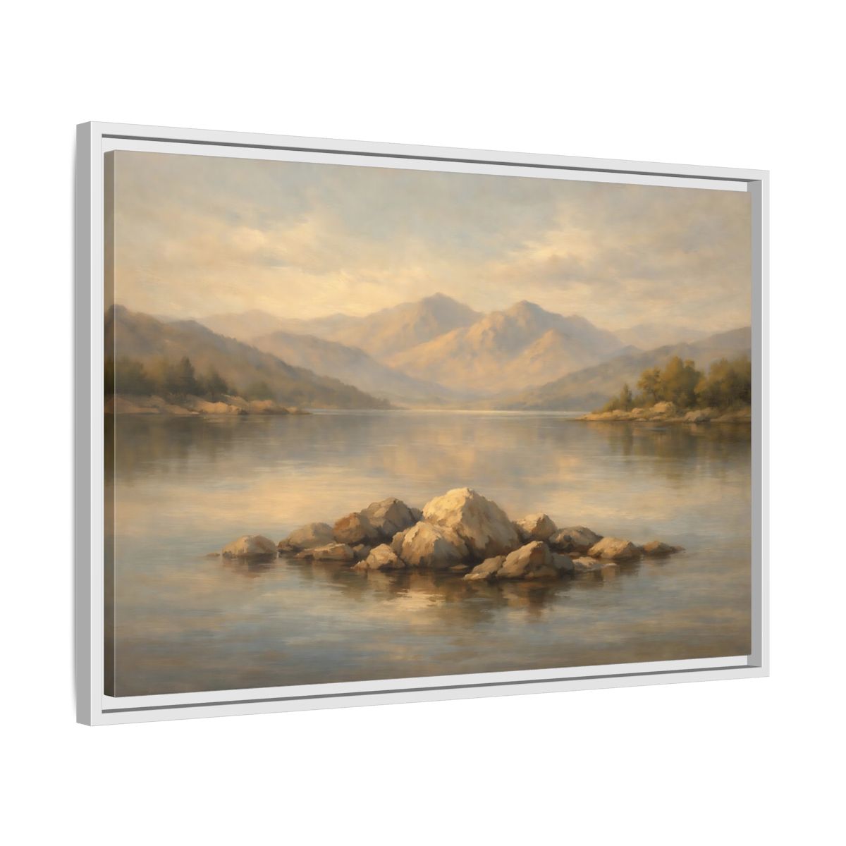 Side Mockup 10. Nature Lake Rocks Muted Landscape shown as stretched canvas wall art