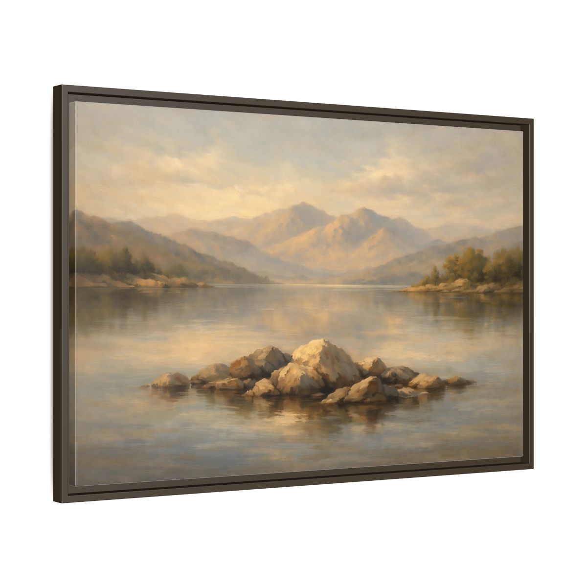 Side Mockup 9. Nature Lake Rocks Muted Landscape shown as stretched canvas wall art
