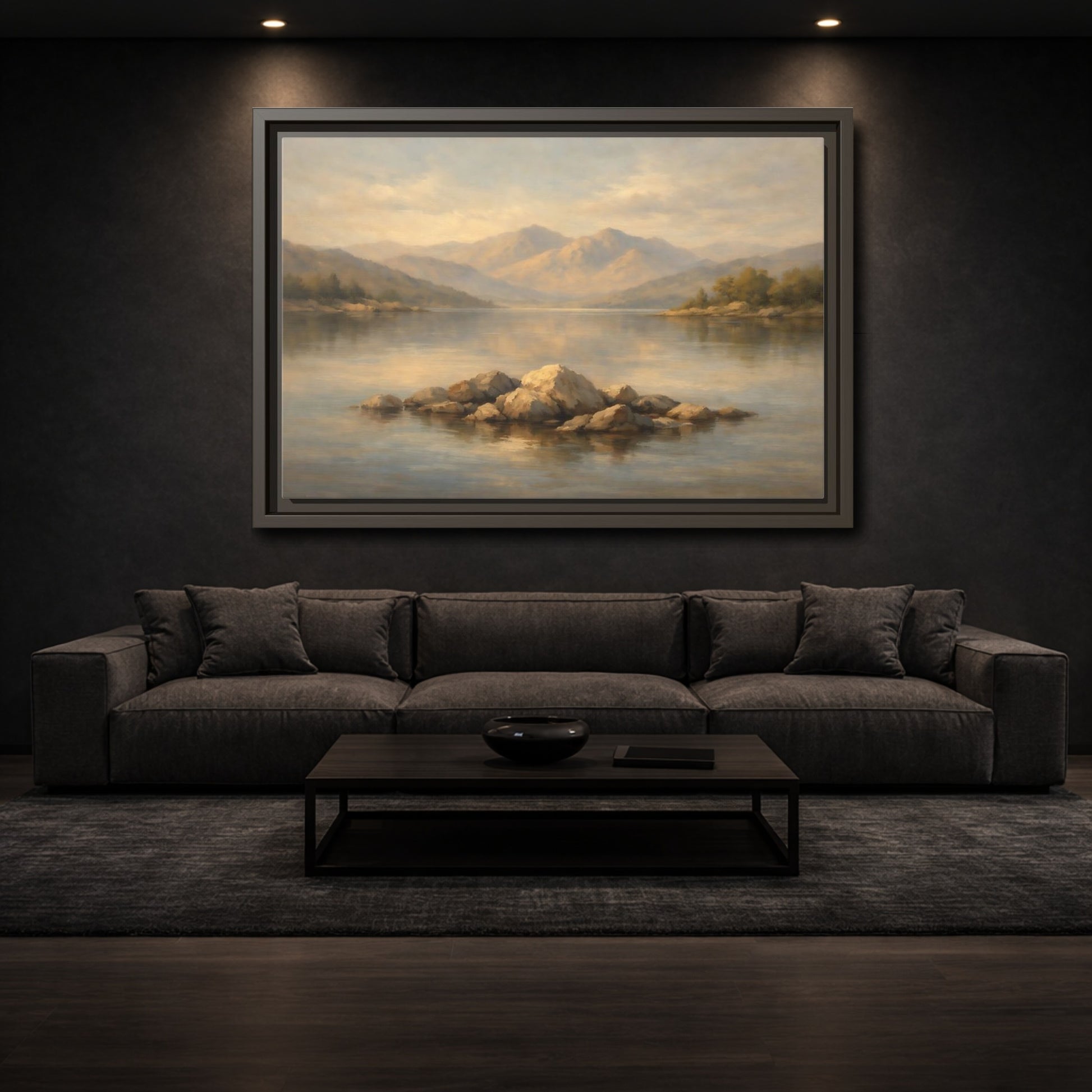 Mockup 2. Nature Lake Rocks Muted Landscape shown as stretched canvas wall art