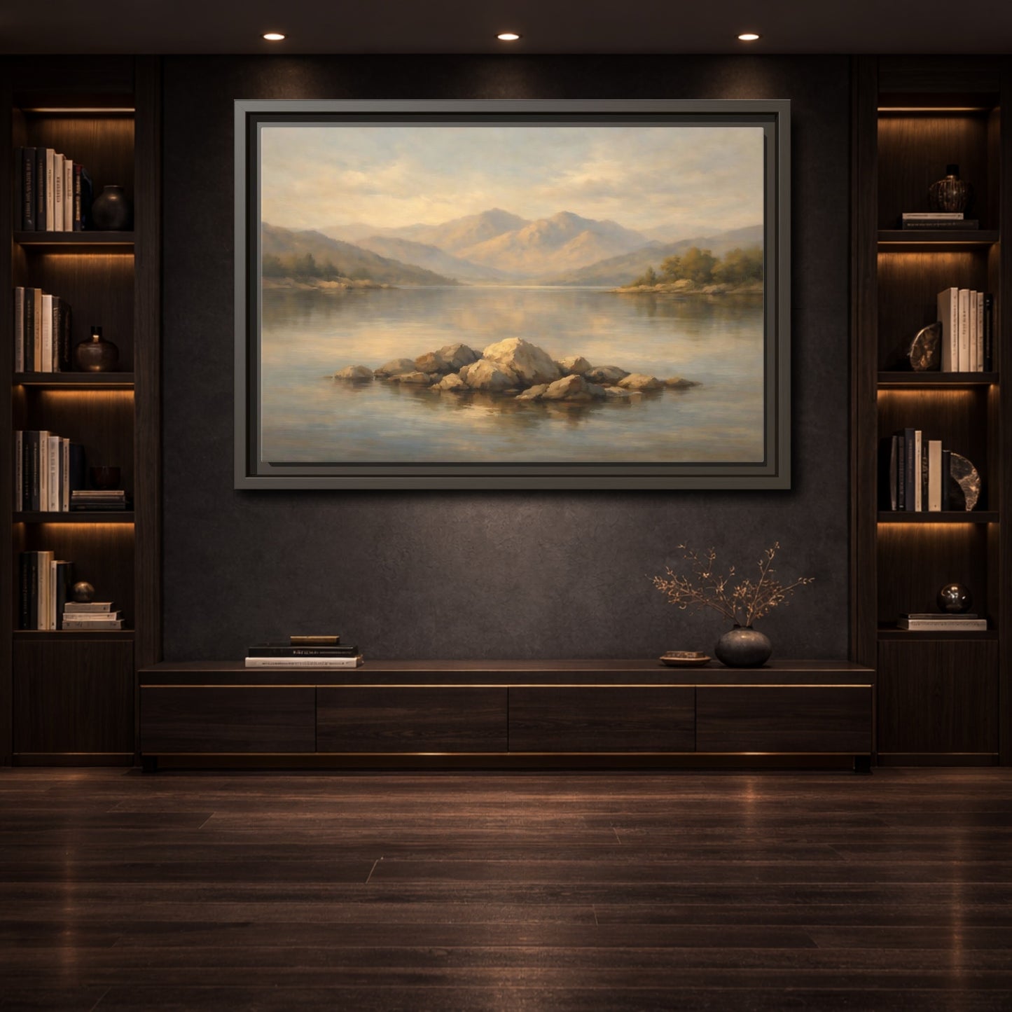 Mockup 3. Nature Lake Rocks Muted Landscape shown as stretched canvas wall art