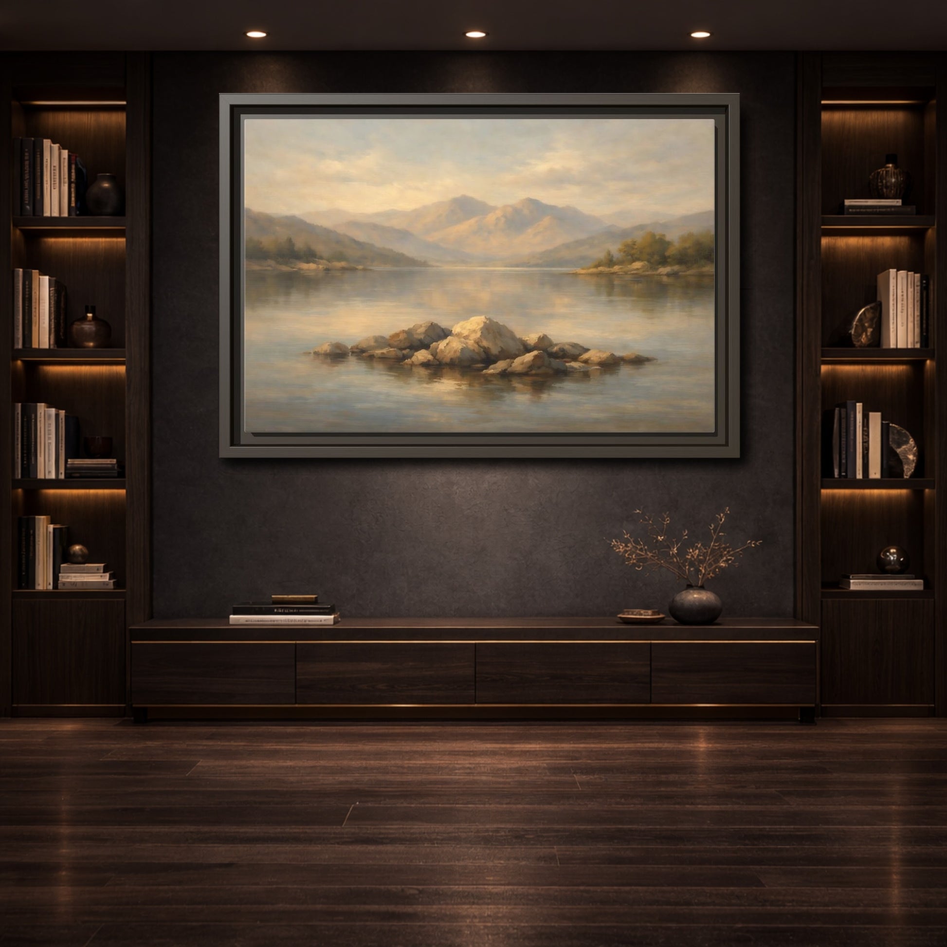 Mockup 3. Nature Lake Rocks Muted Landscape shown as stretched canvas wall art