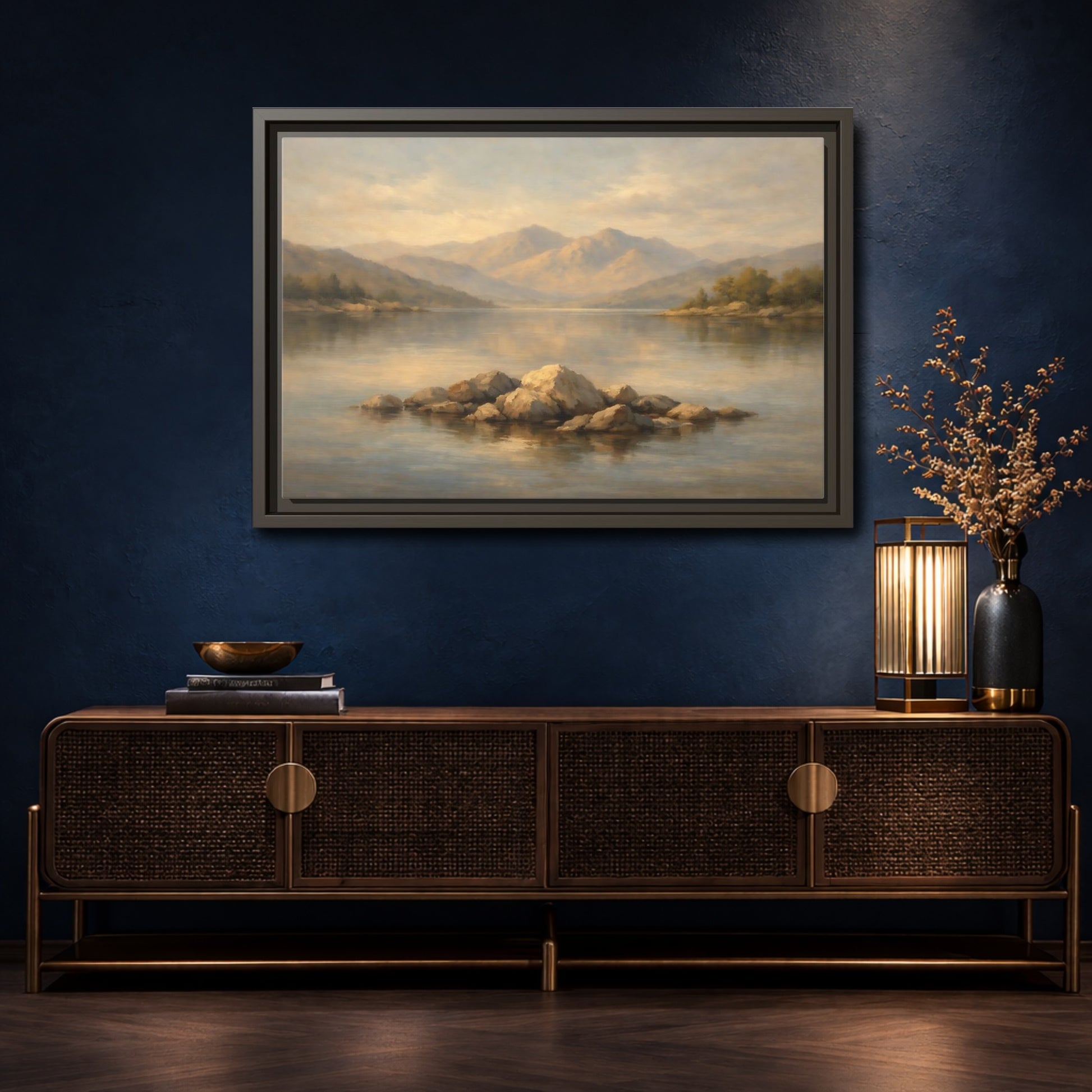 Mockup 4. Nature Lake Rocks Muted Landscape shown as stretched canvas wall art