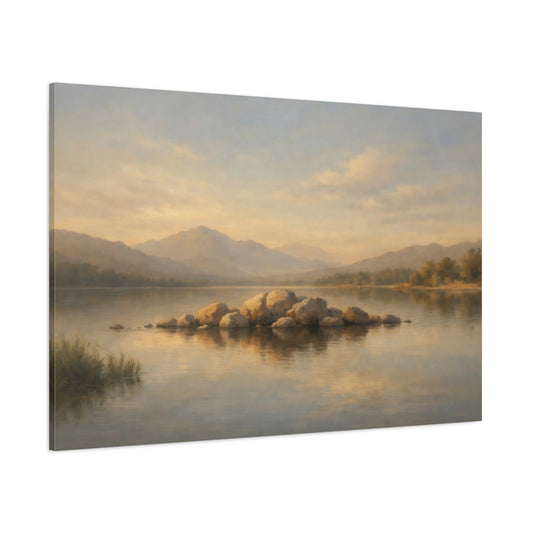 Main Mockup. Nature Lake Rocks Neutral Lake Landscape shown as stretched canvas wall art