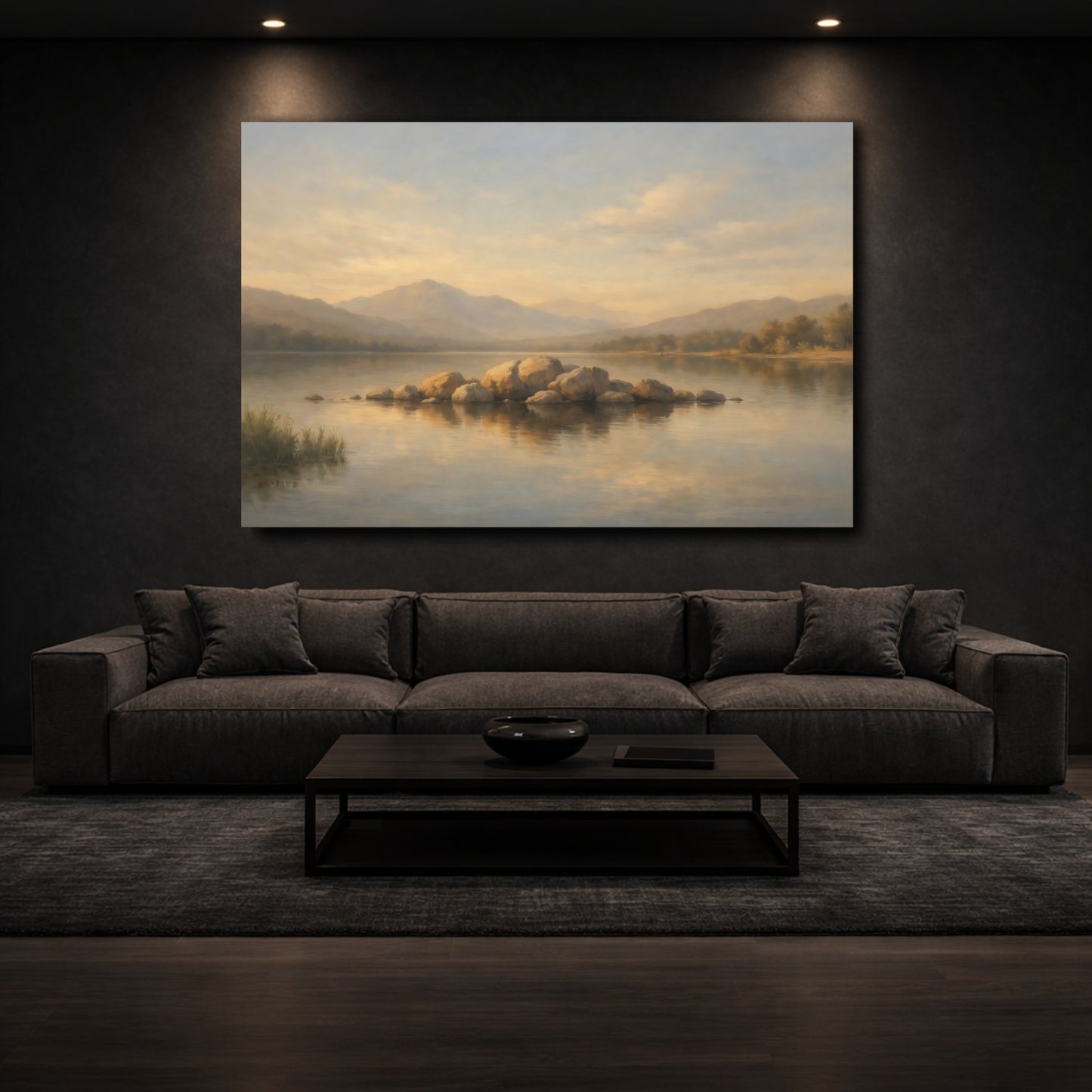Mockup 2. Nature Lake Rocks Neutral Lake Landscape shown as stretched canvas wall art