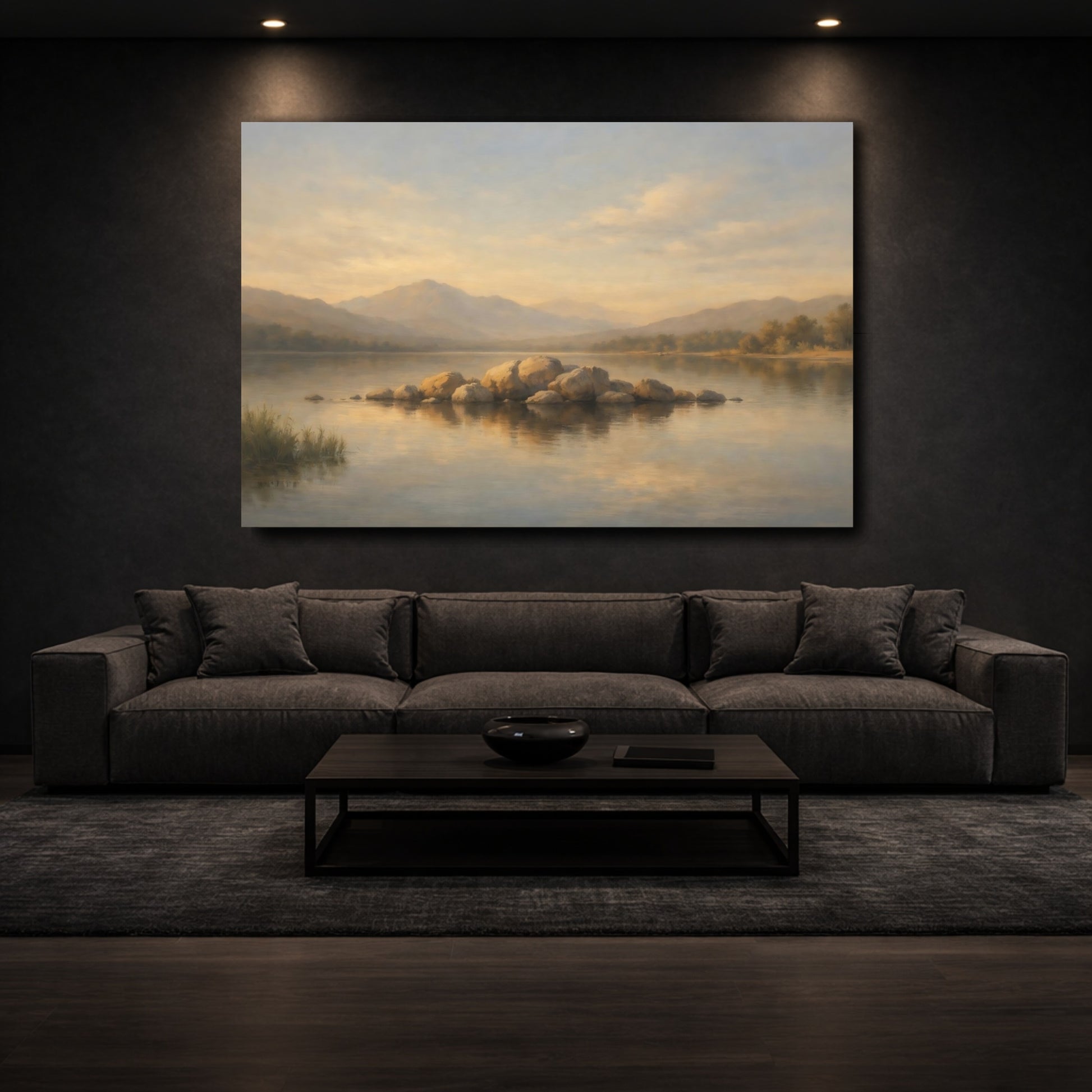 Mockup 2. Nature Lake Rocks Neutral Lake Landscape shown as stretched canvas wall art