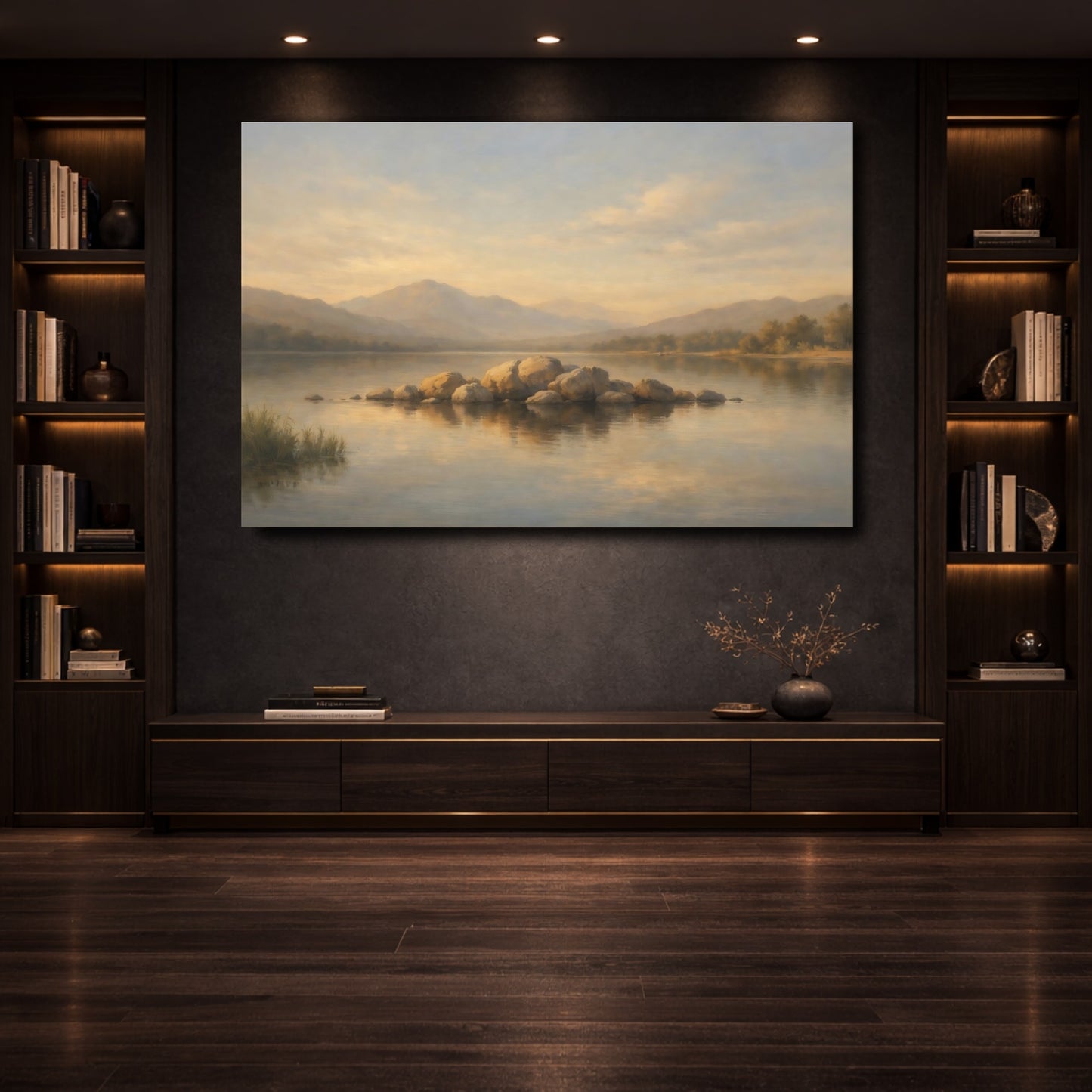 Mockup 3. Nature Lake Rocks Neutral Lake Landscape shown as stretched canvas wall art