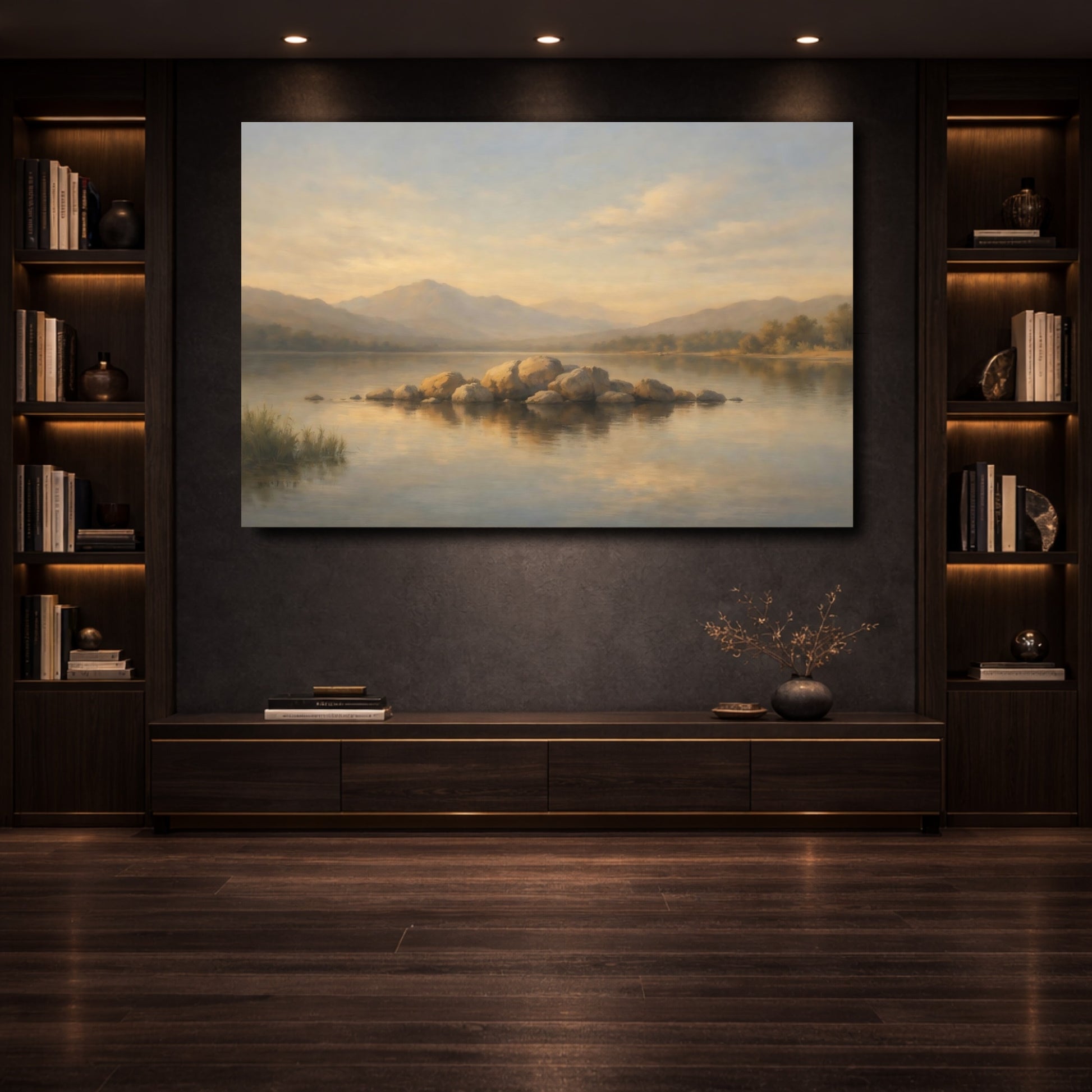 Mockup 3. Nature Lake Rocks Neutral Lake Landscape shown as stretched canvas wall art