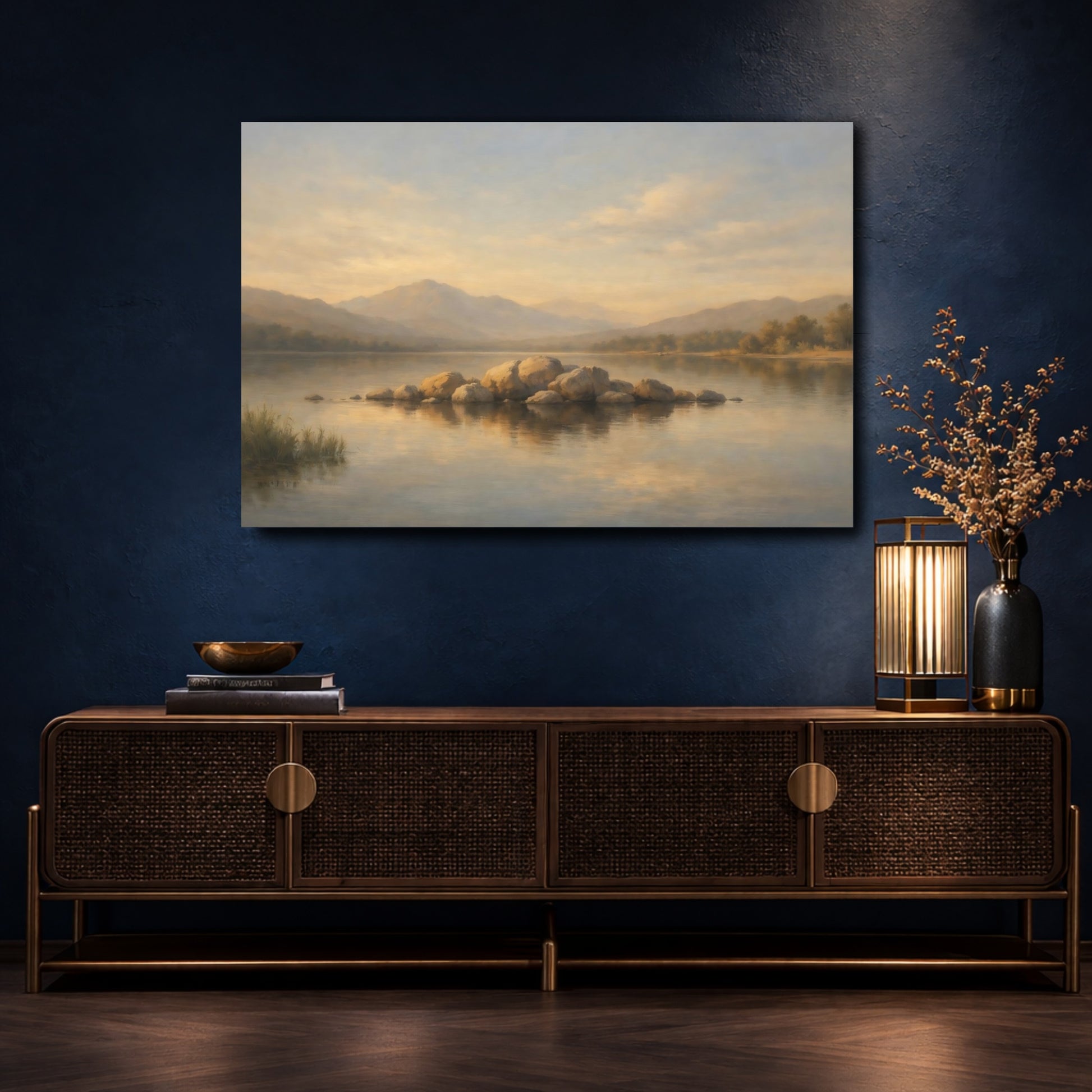 Mockup 4. Nature Lake Rocks Neutral Lake Landscape shown as stretched canvas wall art