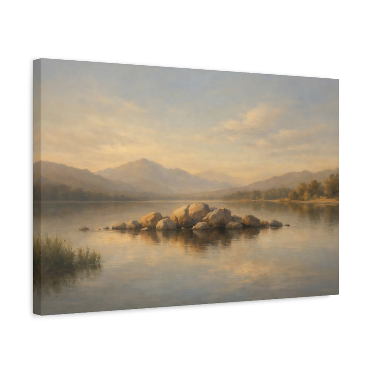 Side Mockup 3. Nature Lake Rocks Neutral Lake Landscape shown as stretched canvas wall art