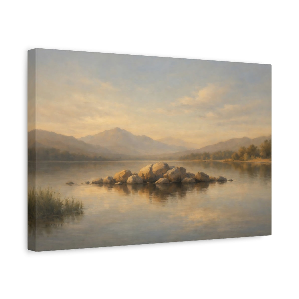 Side Mockup 4. Nature Lake Rocks Neutral Lake Landscape shown as stretched canvas wall art