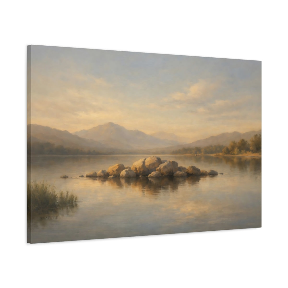 Side Mockup 1. Nature Lake Rocks Neutral Lake Landscape shown as stretched canvas wall art