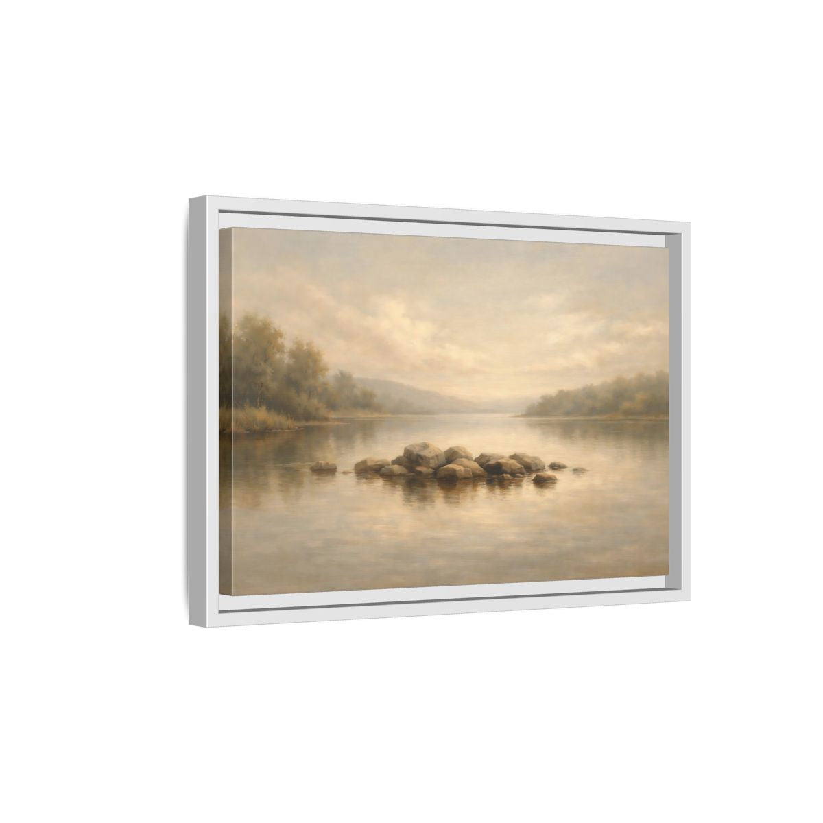 Side Mockup 4. Nature Lake Scene Muted Lake shown as stretched canvas wall art