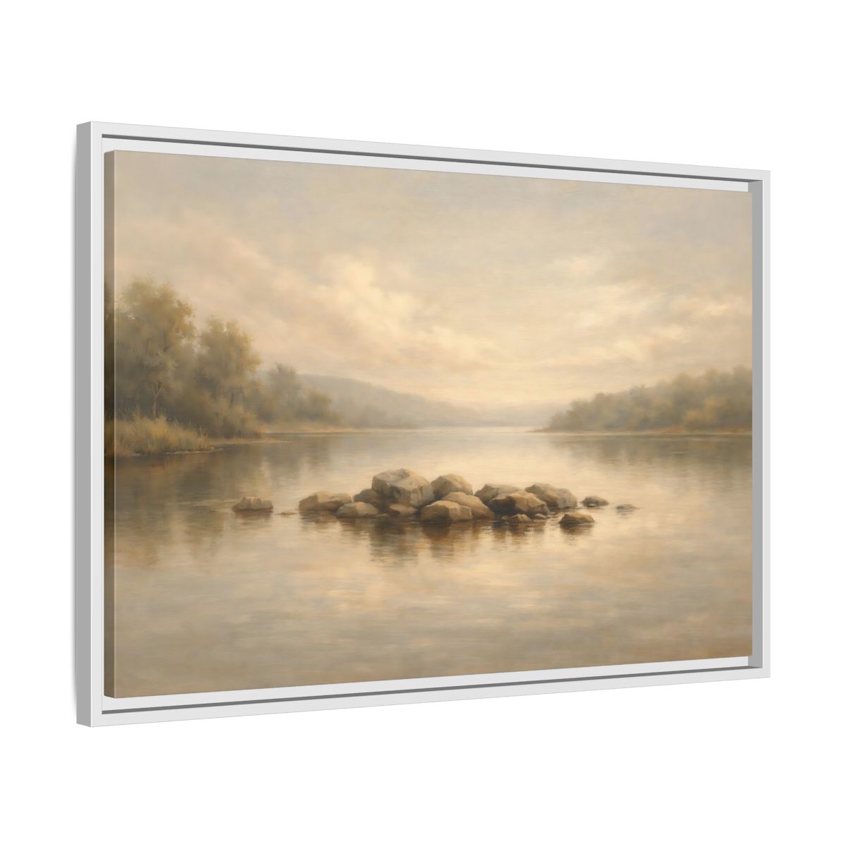 Side Mockup 10. Nature Lake Scene Muted Lake shown as stretched canvas wall art