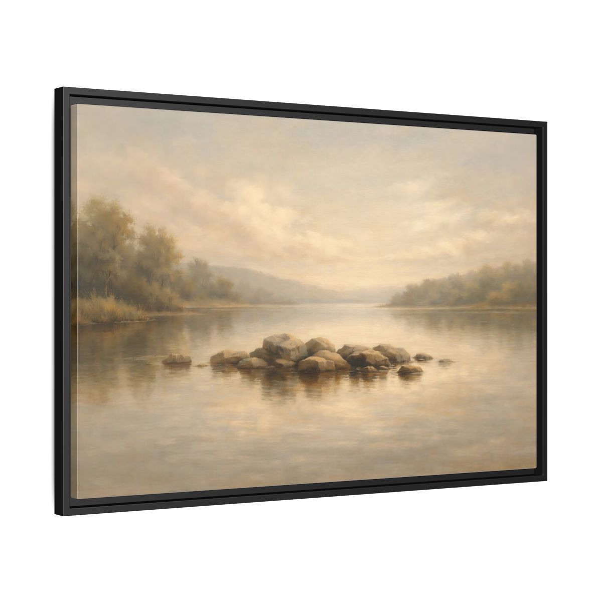 Side Mockup 13. Nature Lake Scene Muted Lake shown as stretched canvas wall art