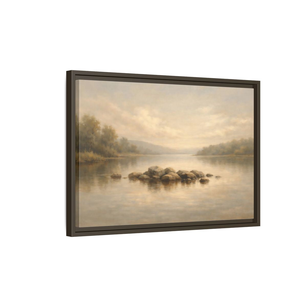 Side Mockup 2. Nature Lake Scene Muted Lake shown as stretched canvas wall art