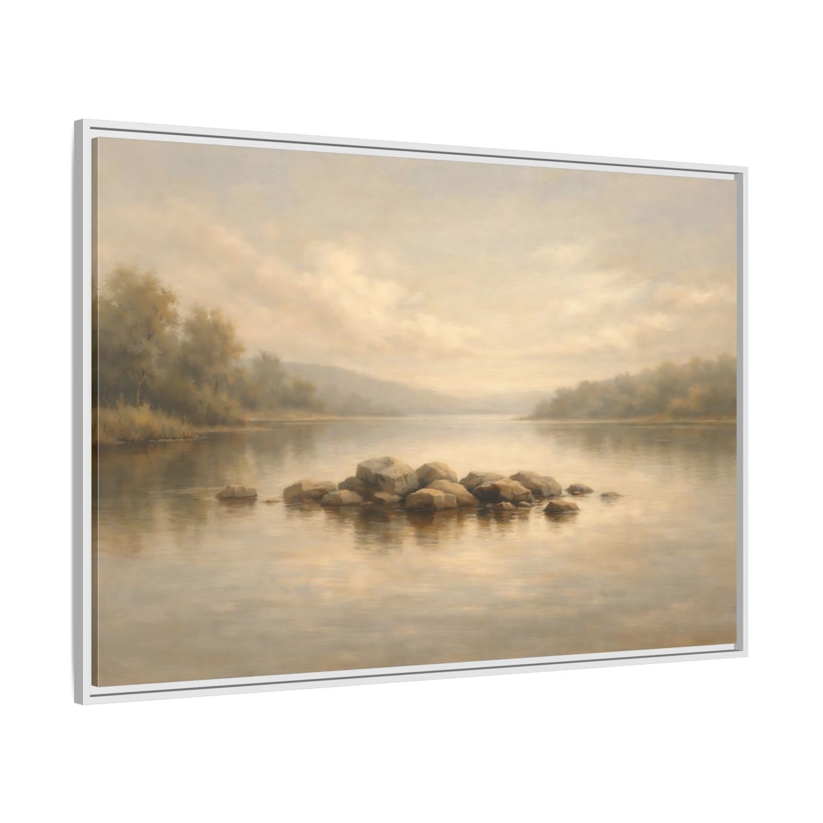 Side Mockup 7. Nature Lake Scene Muted Lake shown as stretched canvas wall art