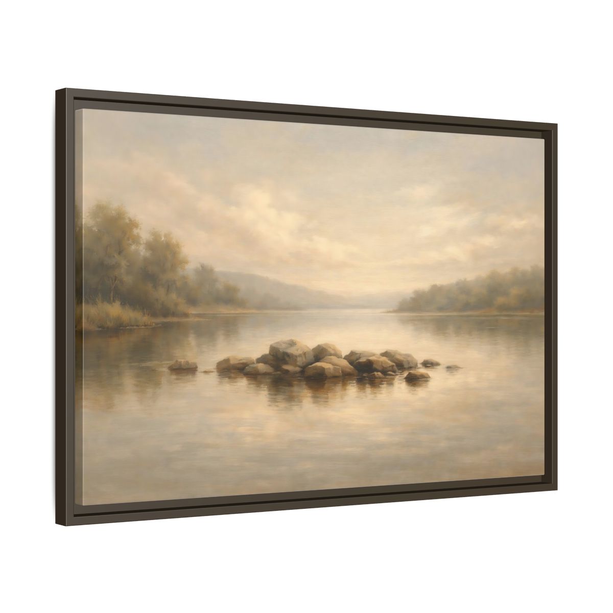 Side Mockup 11. Nature Lake Scene Muted Lake shown as stretched canvas wall art