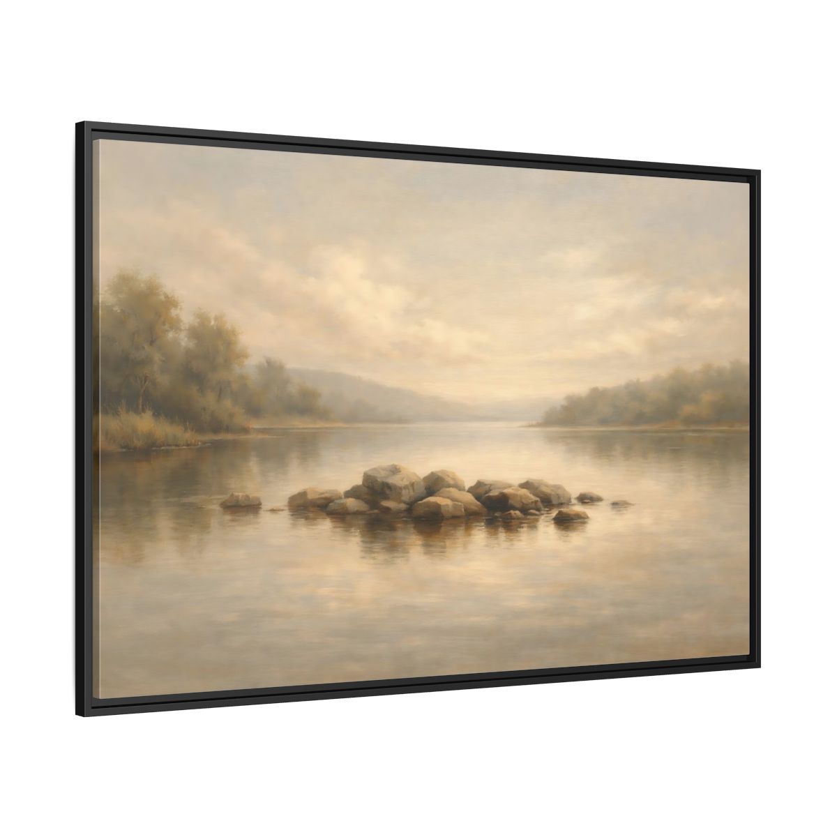 Side Mockup 12. Nature Lake Scene Muted Lake shown as stretched canvas wall art