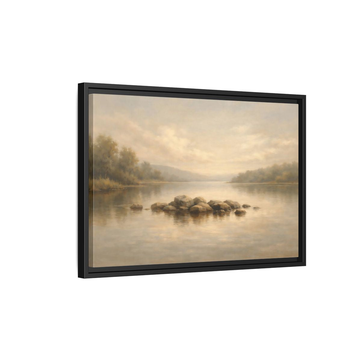 Side Mockup 3. Nature Lake Scene Muted Lake shown as stretched canvas wall art