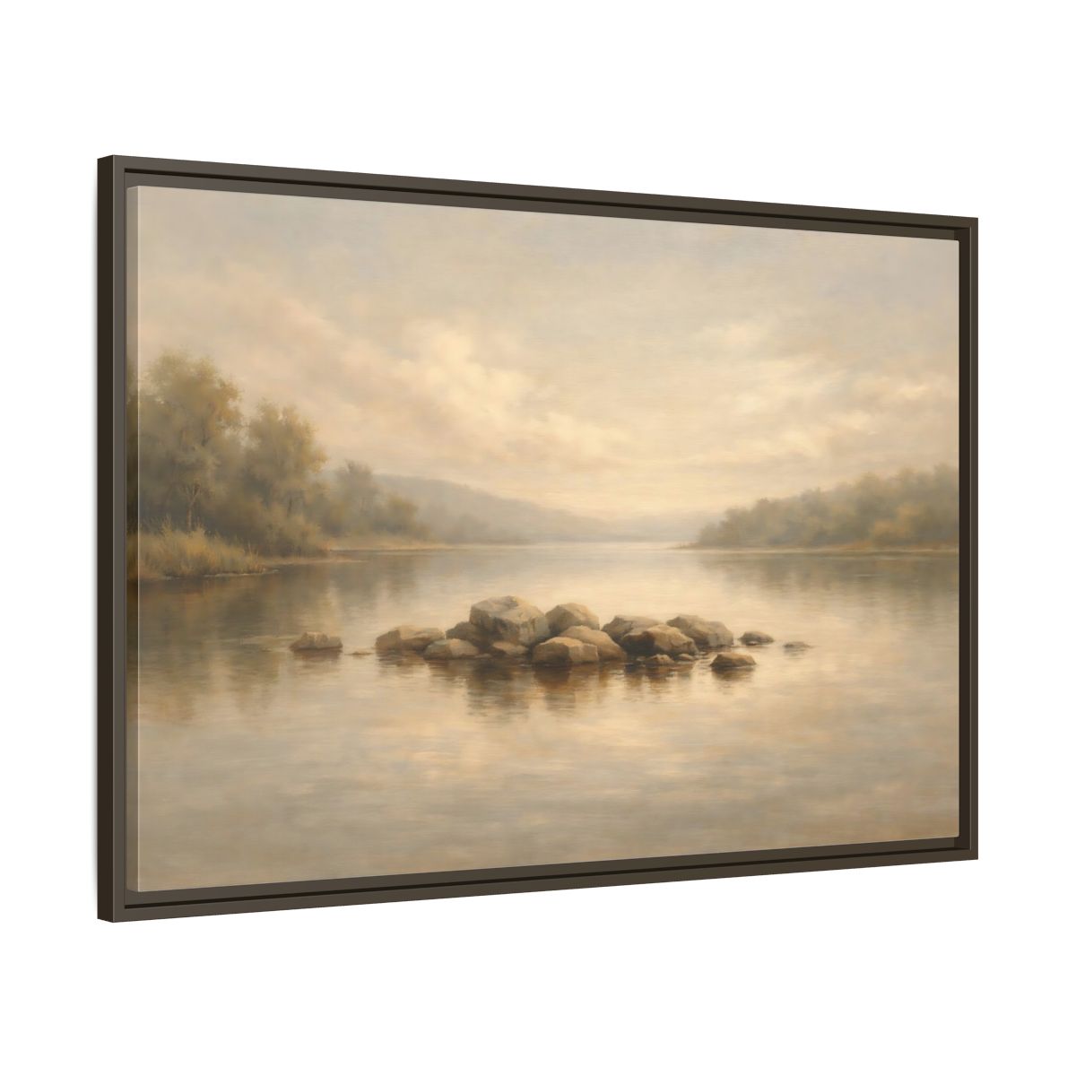 Side Mockup 9. Nature Lake Scene Muted Lake shown as stretched canvas wall art