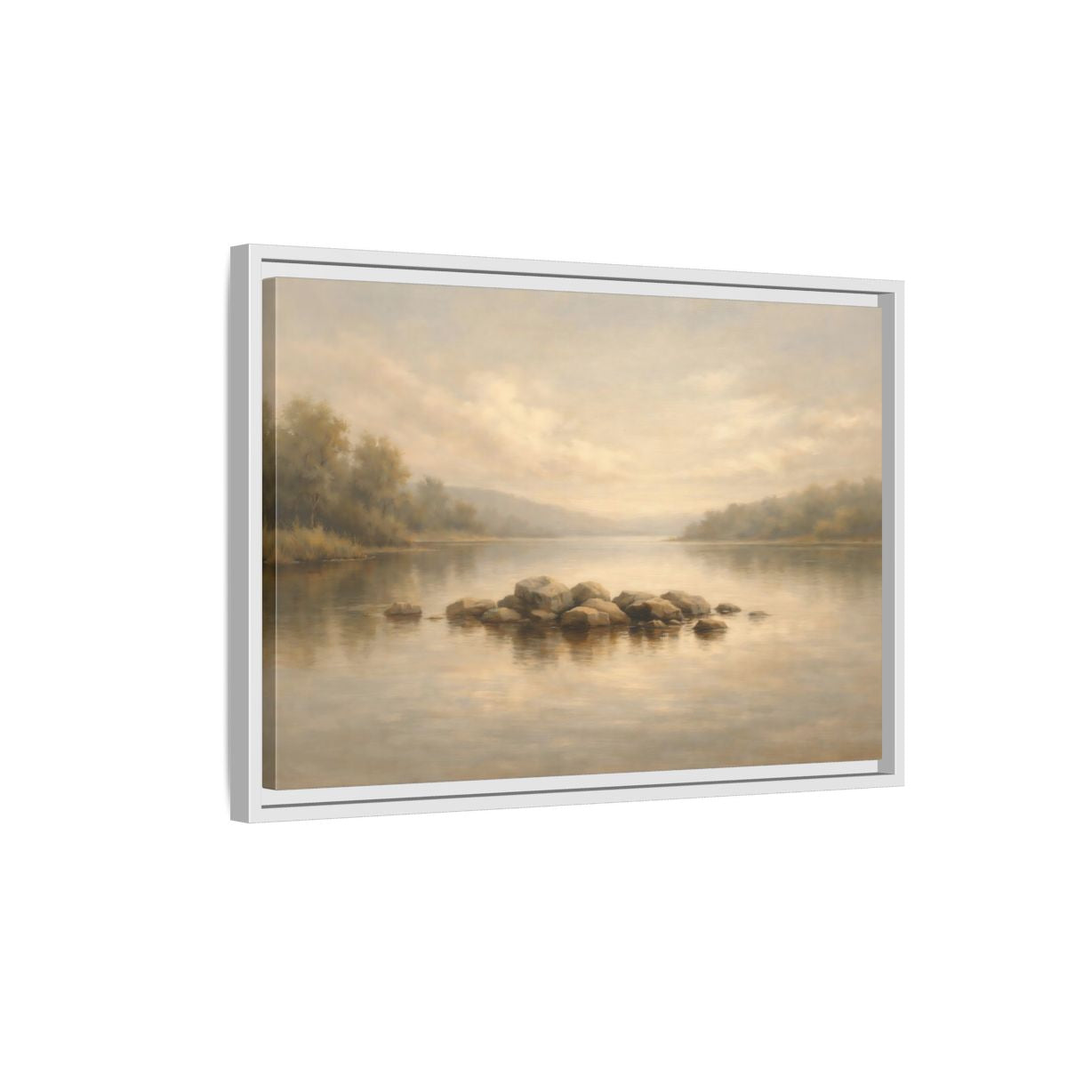 Side Mockup 1. Nature Lake Scene Muted Lake shown as stretched canvas wall art