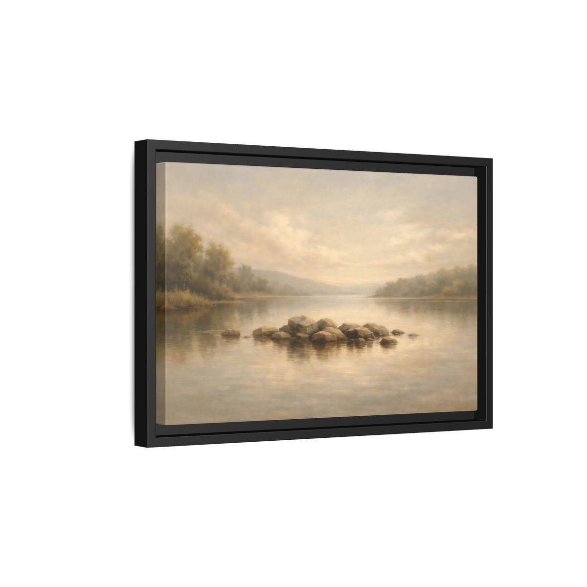 Side Mockup 6. Nature Lake Scene Muted Lake shown as stretched canvas wall art