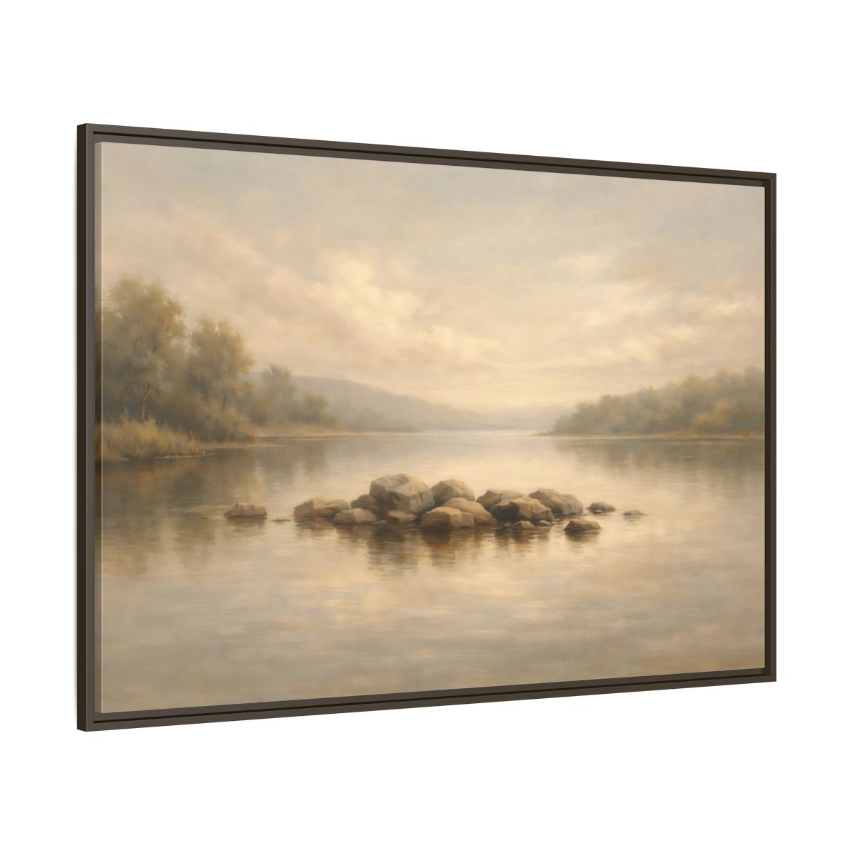 Main Mockup. Nature Lake Scene Muted Lake shown as stretched canvas wall art
