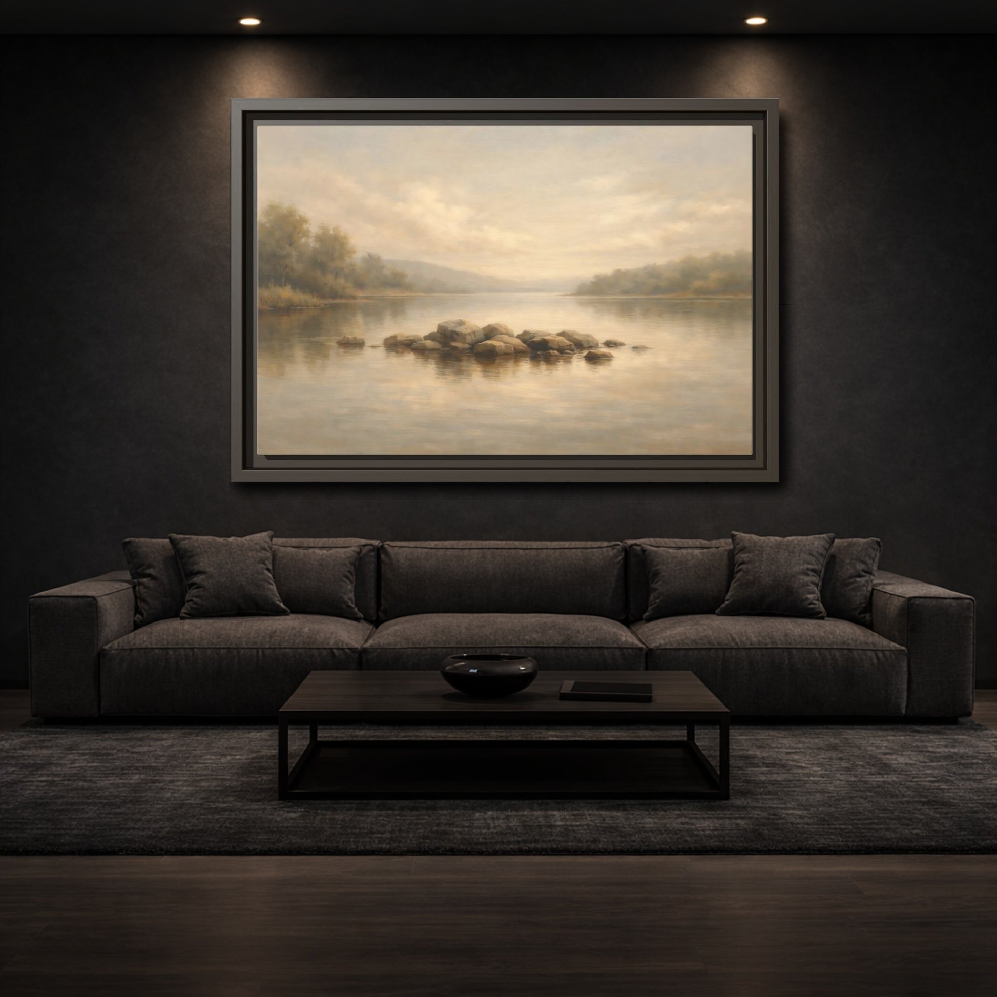 Mockup 2. Nature Lake Scene Muted Lake shown as stretched canvas wall art