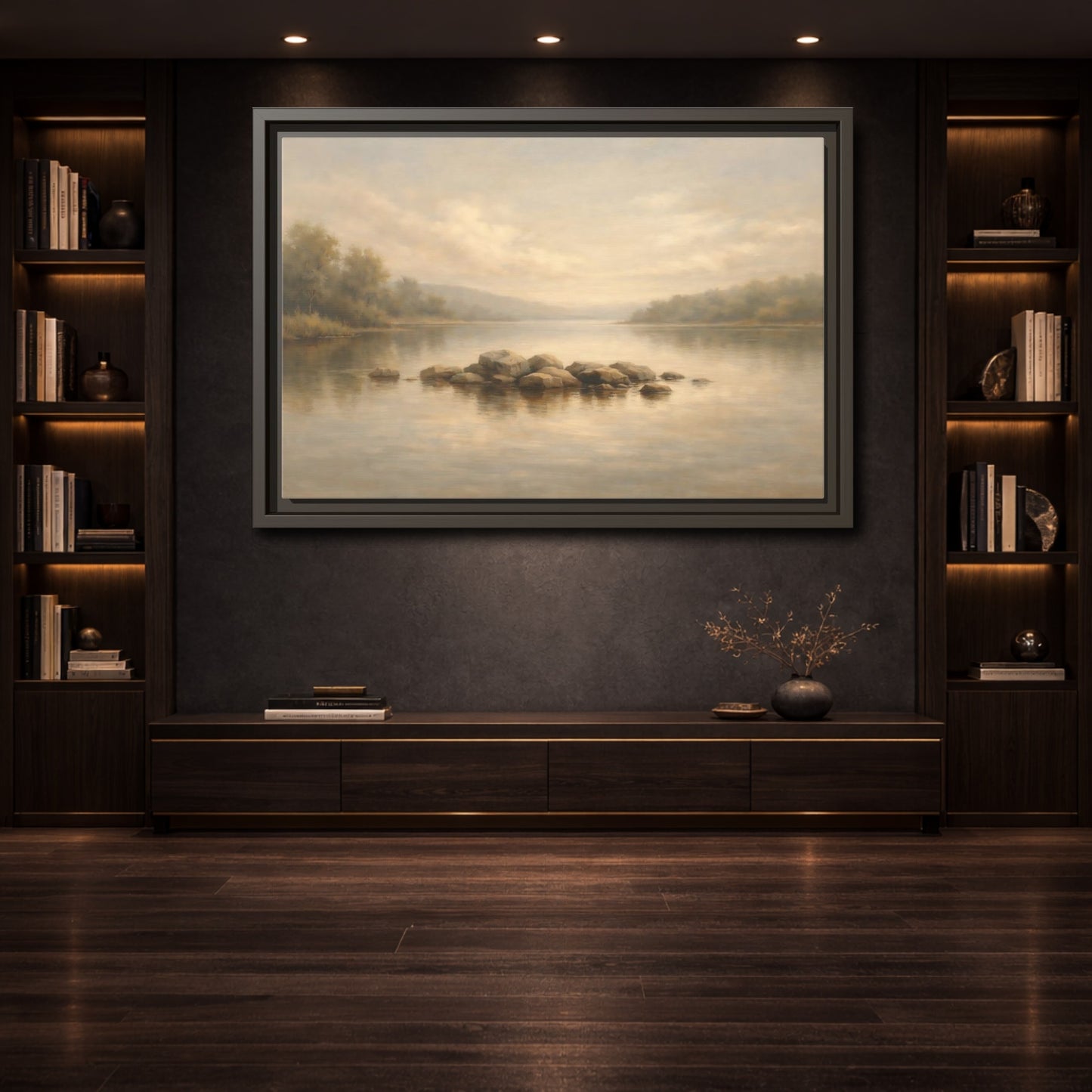 Mockup 3. Nature Lake Scene Muted Lake shown as stretched canvas wall art