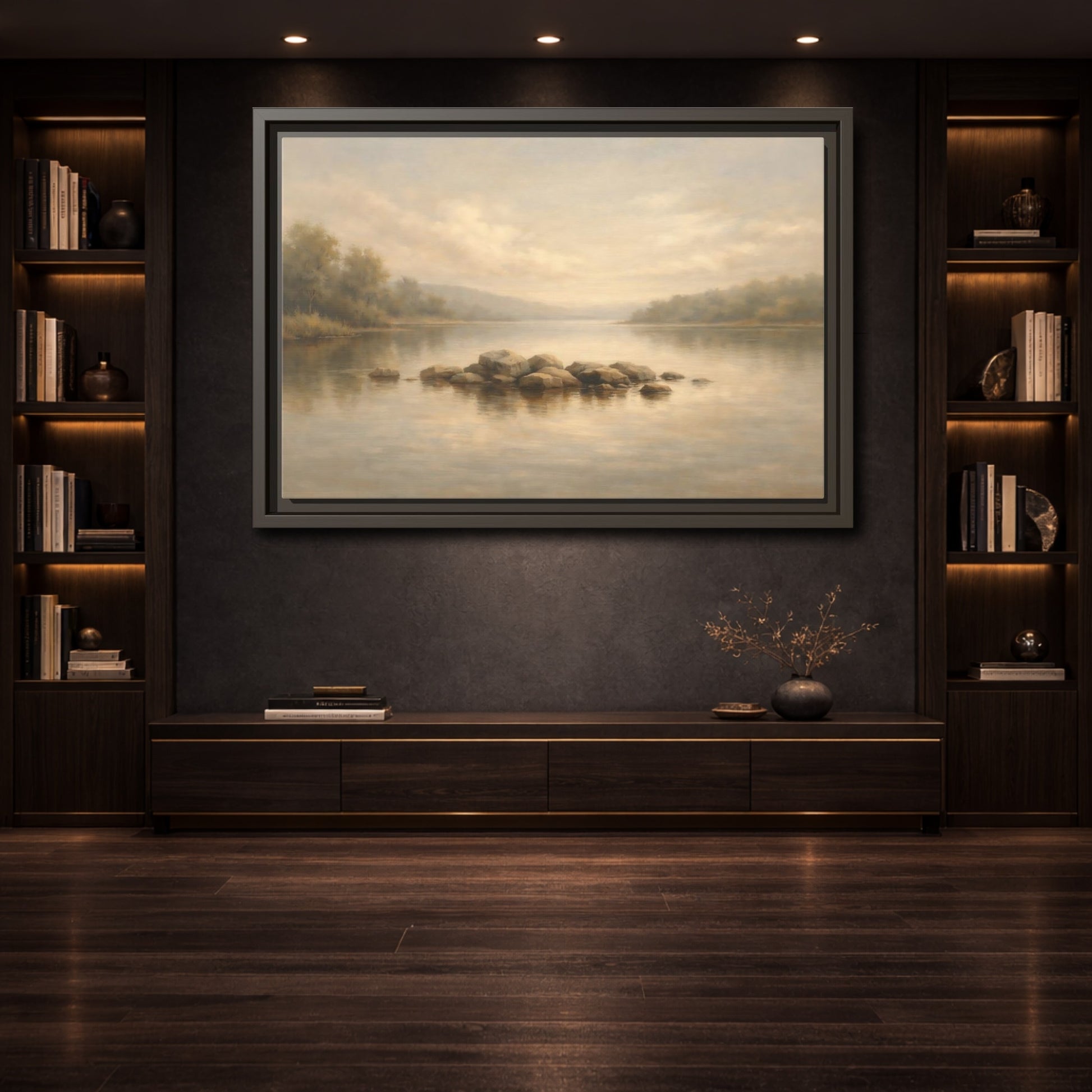 Mockup 3. Nature Lake Scene Muted Lake shown as stretched canvas wall art