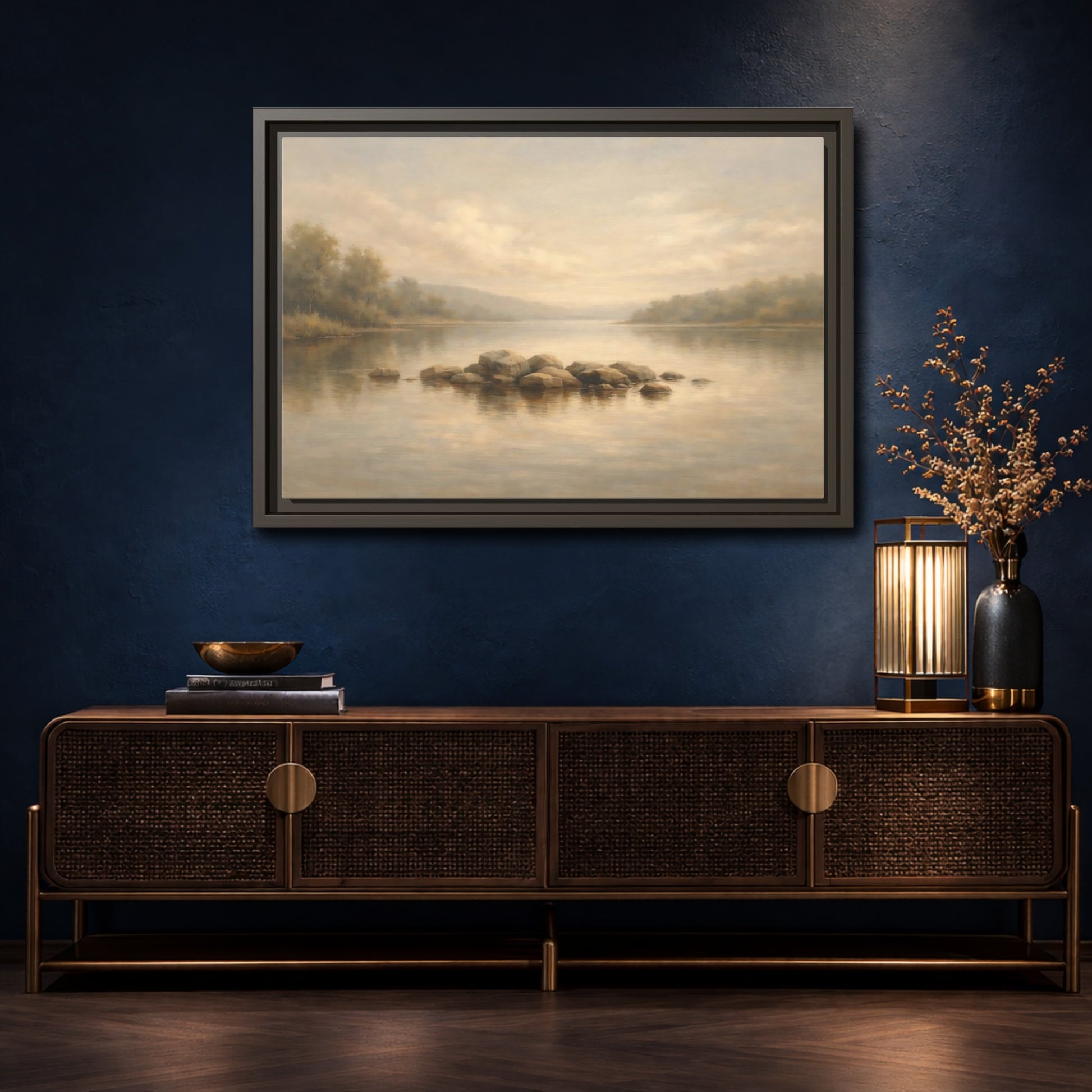 Mockup 4. Nature Lake Scene Muted Lake shown as stretched canvas wall art
