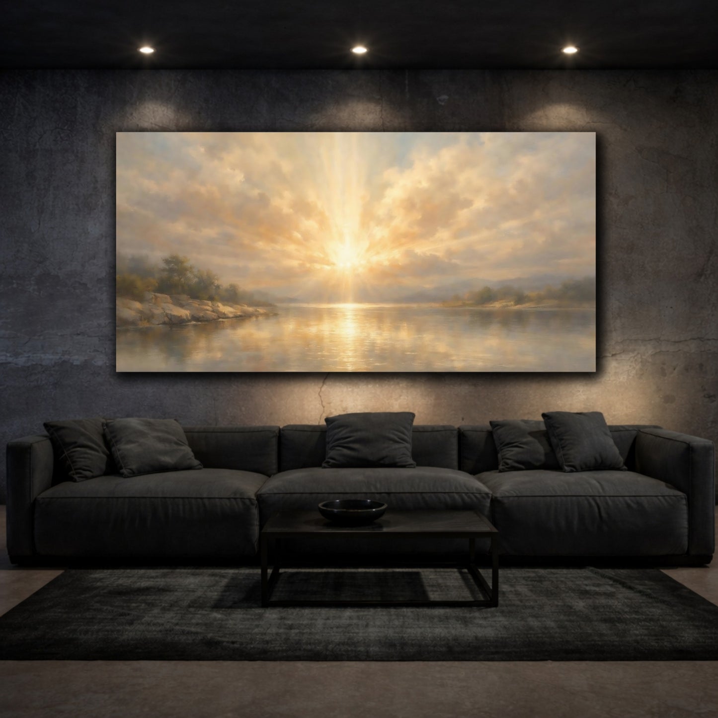 Mockup 2. Nature Lake Sunburst Golden Lake Scene shown as stretched canvas wall art