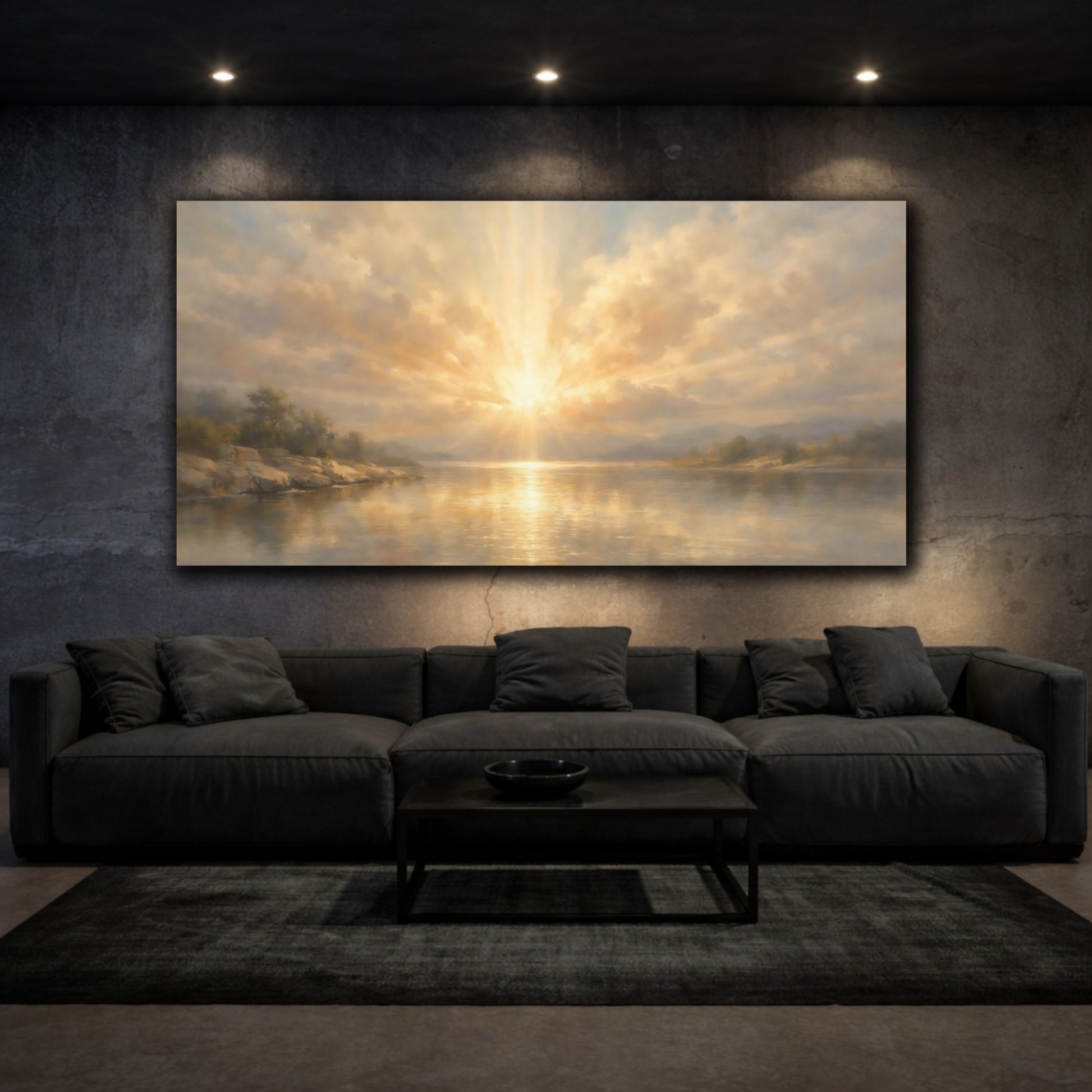 Mockup 2. Nature Lake Sunburst Golden Lake Scene shown as stretched canvas wall art