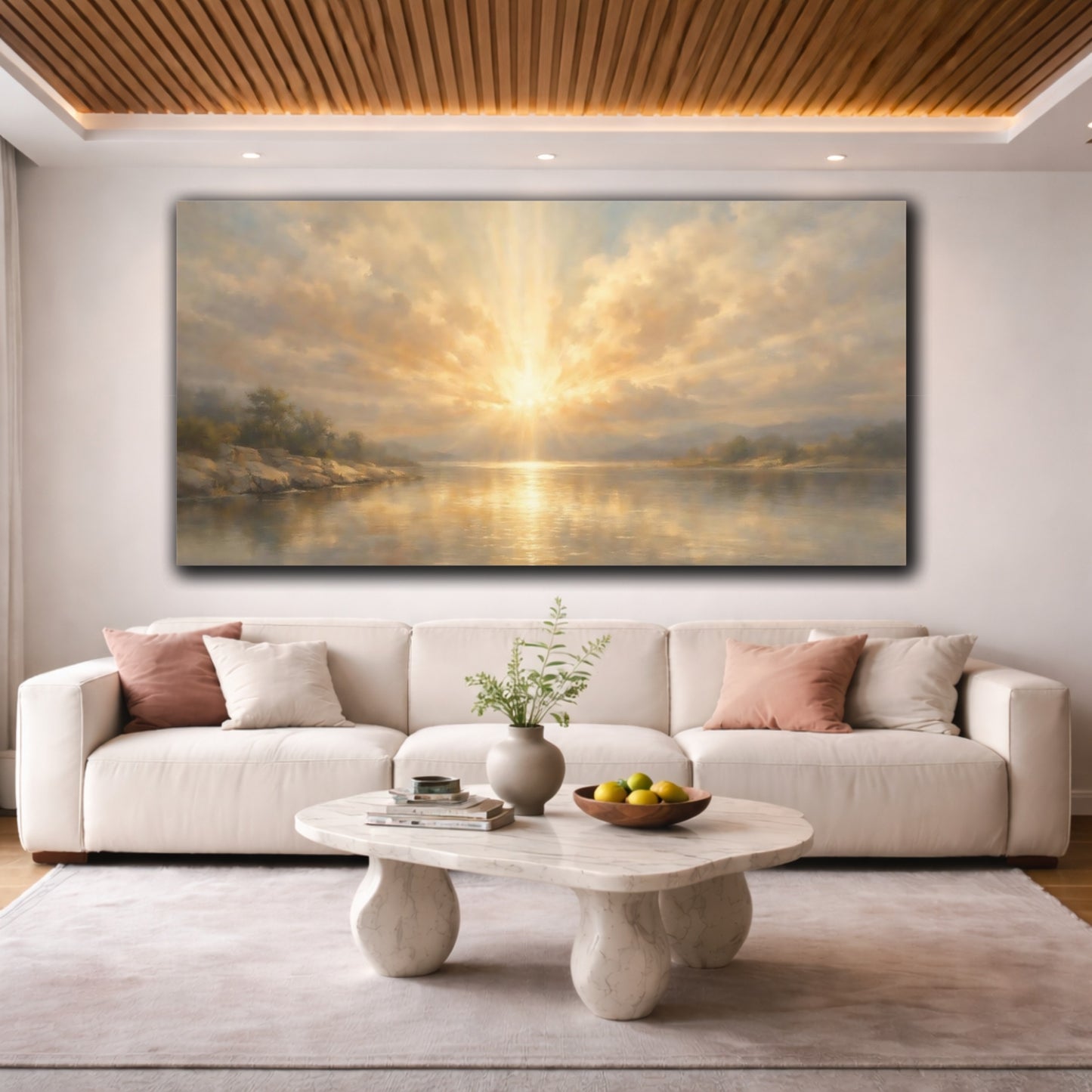 Mockup 3. Nature Lake Sunburst Golden Lake Scene shown as stretched canvas wall art