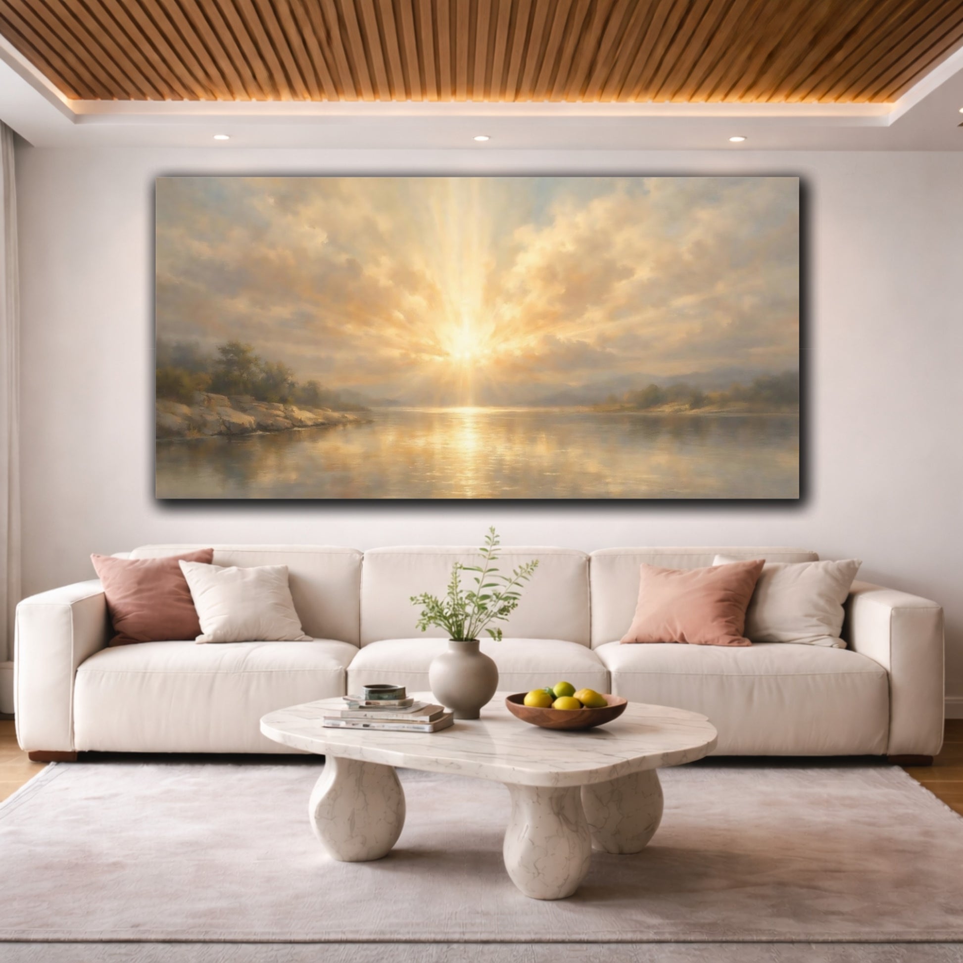 Mockup 3. Nature Lake Sunburst Golden Lake Scene shown as stretched canvas wall art