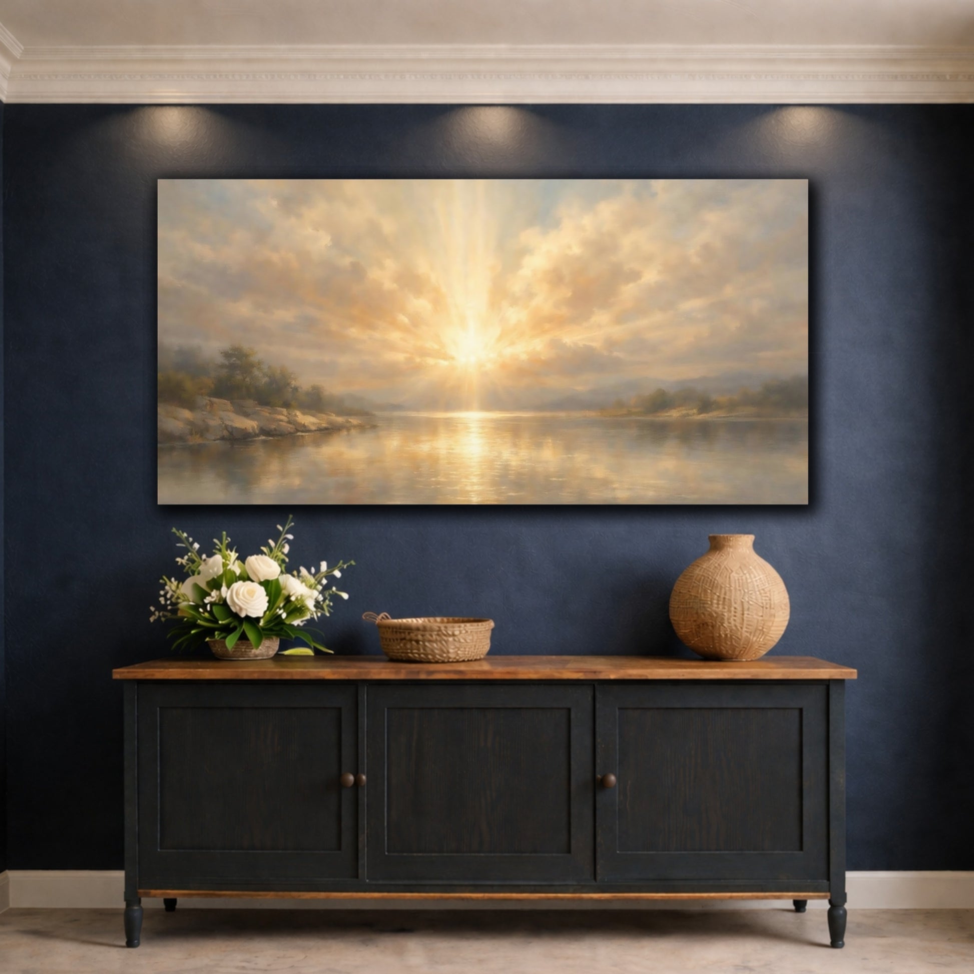Mockup 4. Nature Lake Sunburst Golden Lake Scene shown as stretched canvas wall art