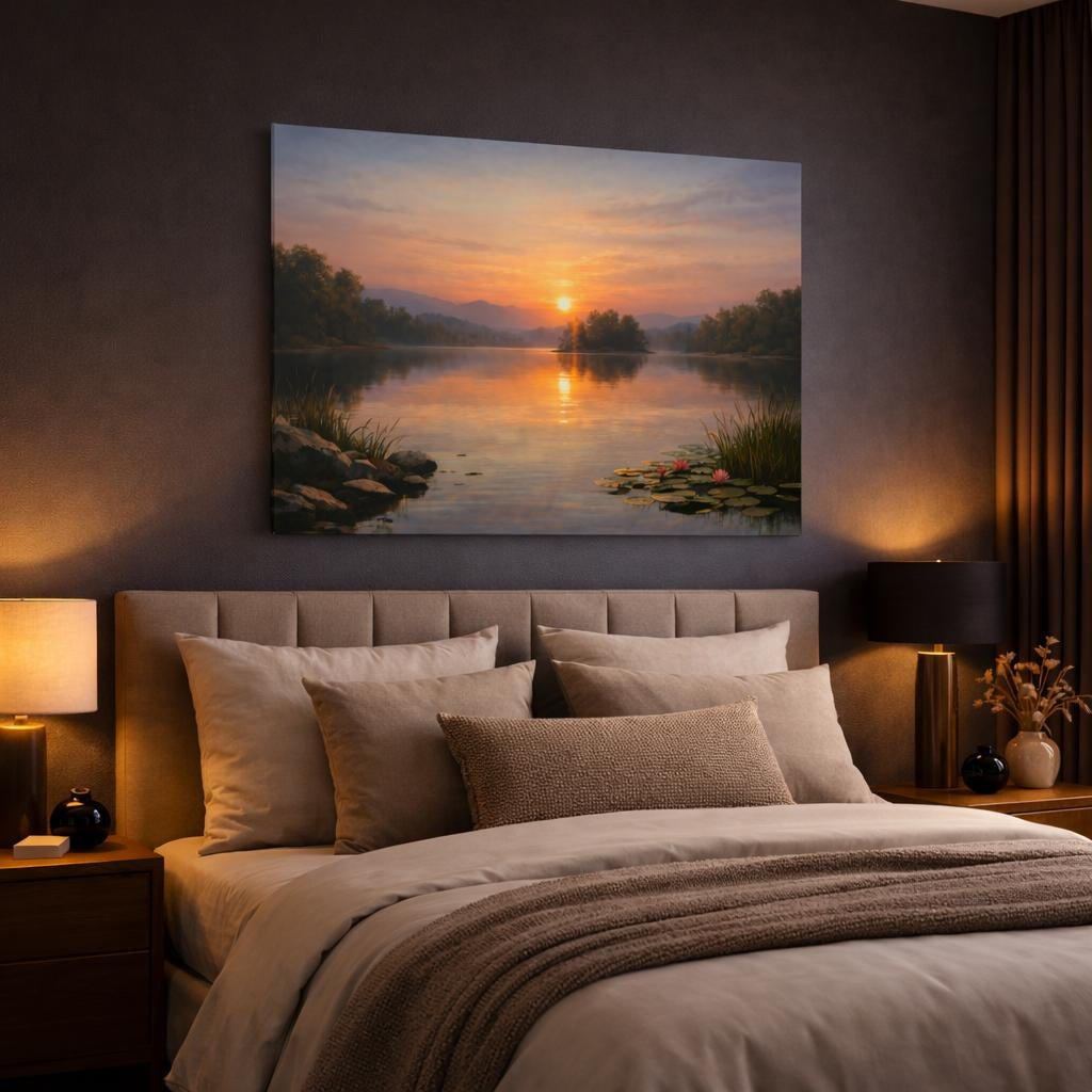 Nature Lake Sunset shown as canvas wall art in a luxury bedroom