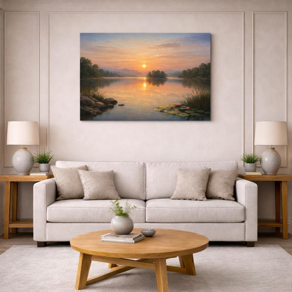 Nature Lake Sunset shown as canvas wall art in a modern living room