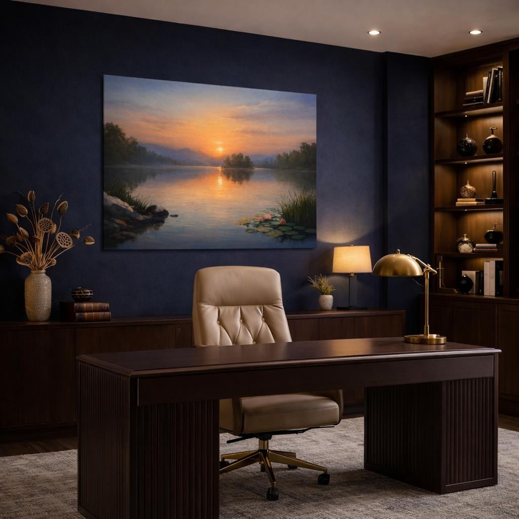 Nature Lake Sunset shown as canvas wall art in a refined dining room