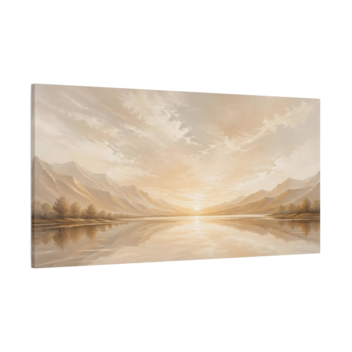 Side Mockup 2. Nature Lake Sunset Golden Sunset shown as stretched canvas wall art