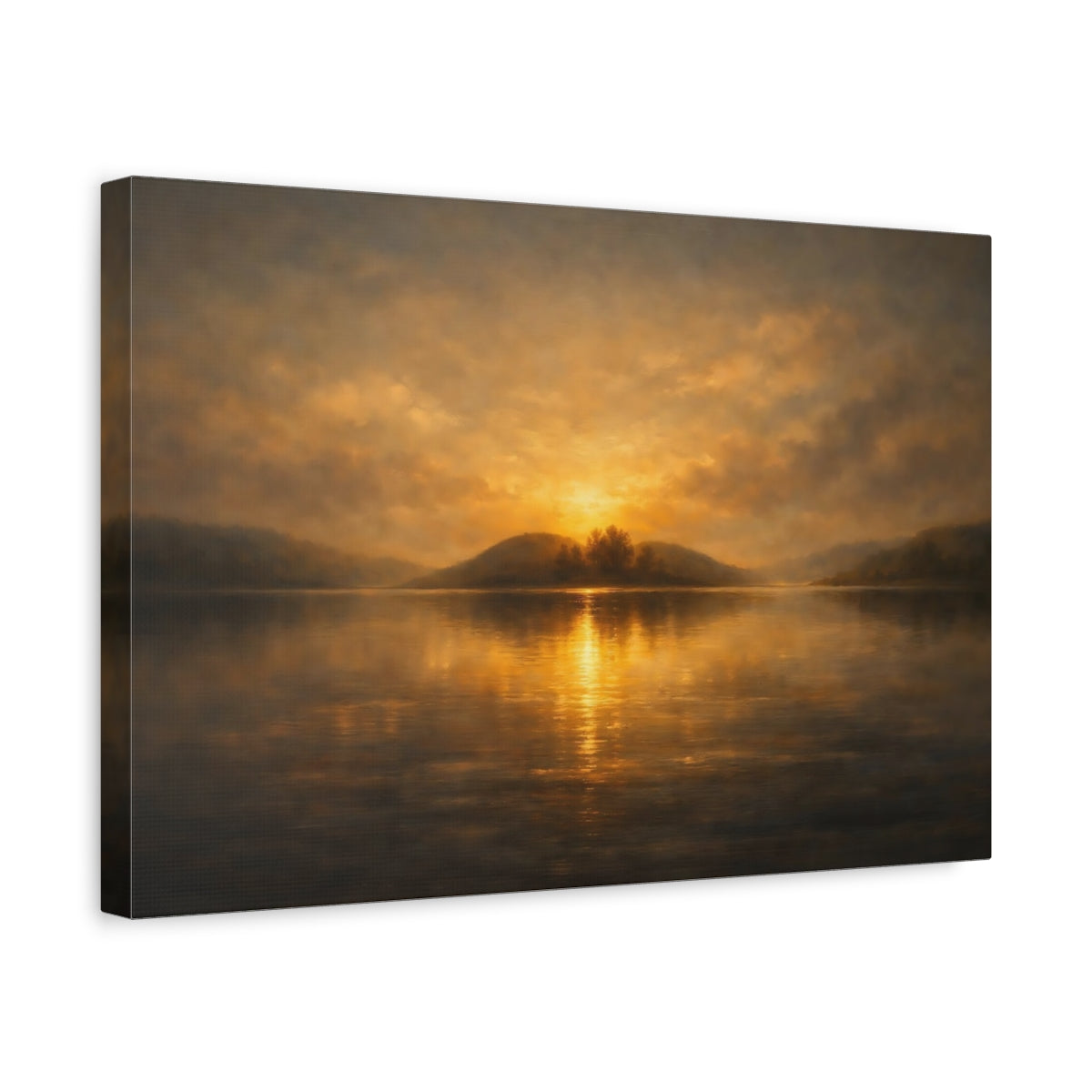 Side Mockup 4. Nature Lake Sunset Golden Sunset shown as stretched canvas wall art