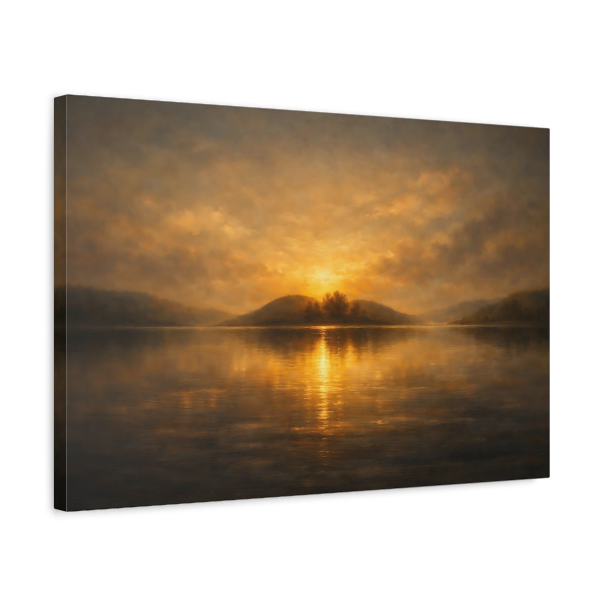 Side Mockup 3. Nature Lake Sunset Golden Sunset shown as stretched canvas wall art