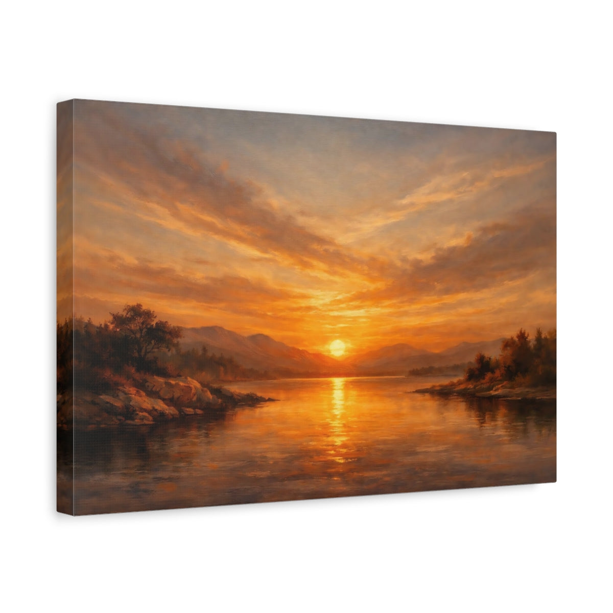 Side Mockup 4. Nature Lake Sunset Golden Sunset Lake shown as stretched canvas wall art