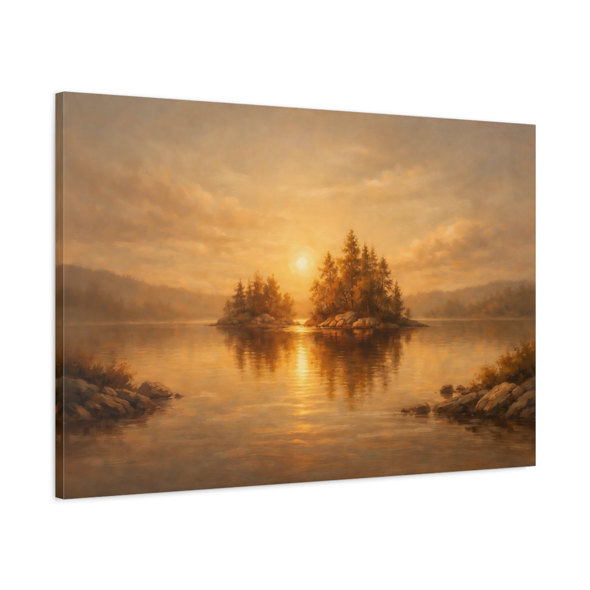 Side Mockup 1. Nature Lake Sunset Golden Sunset shown as stretched canvas wall art